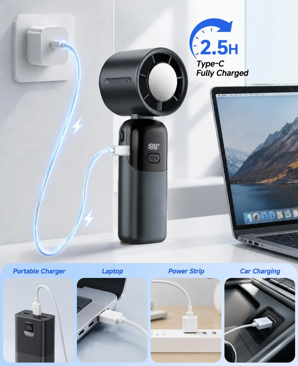 Yannovus Ventilatore Turbo Portatile 4 in 1, 5000 mAh, Flusso d'aria 10 m/s, Velocità 1-100, Pieghevole USB per Collo, Mano e Tavolo - immagine 5