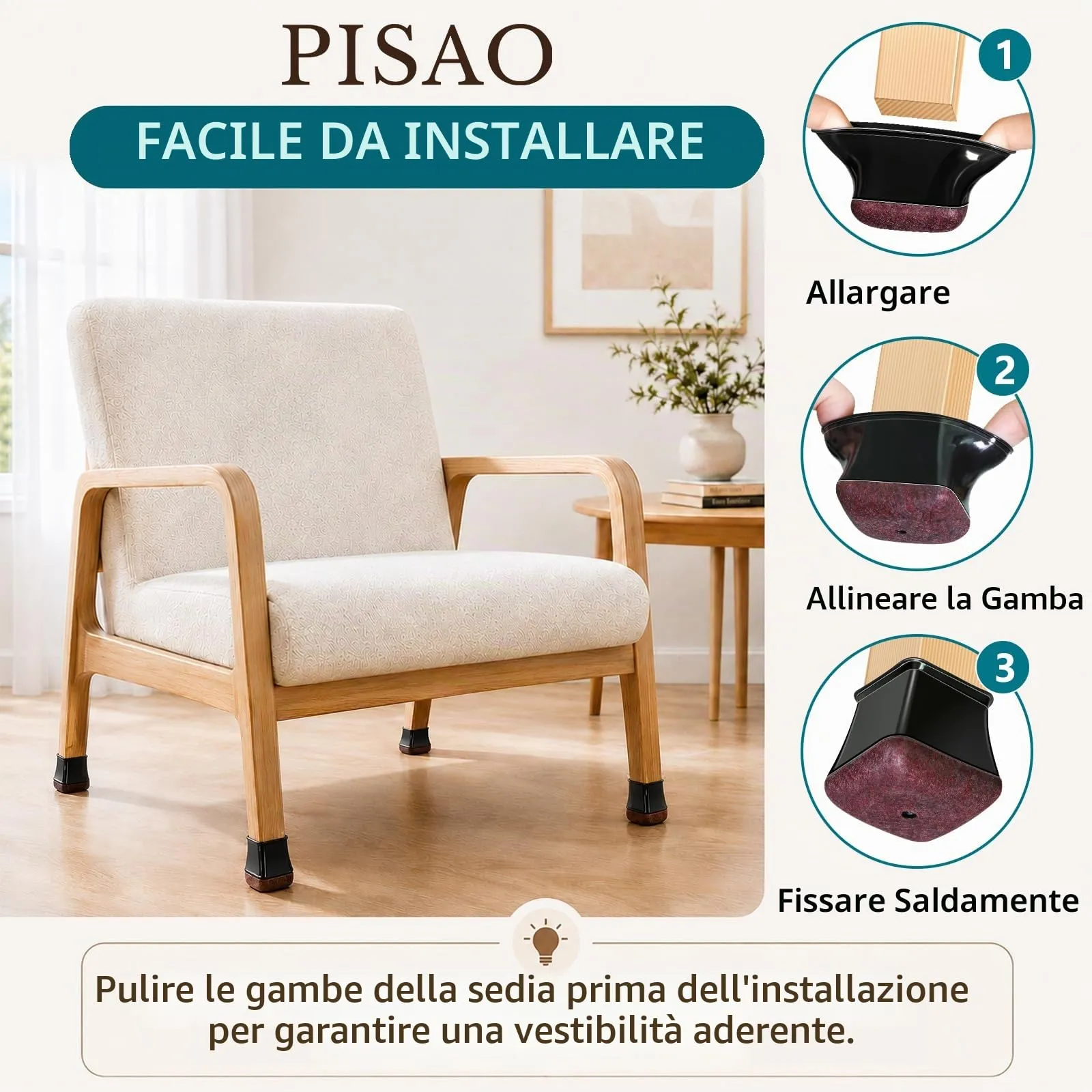PISAO Gommini per Sedie Quadre, 32 Pezzi, Nero, Taglia L (27-36mm) - immagine 5