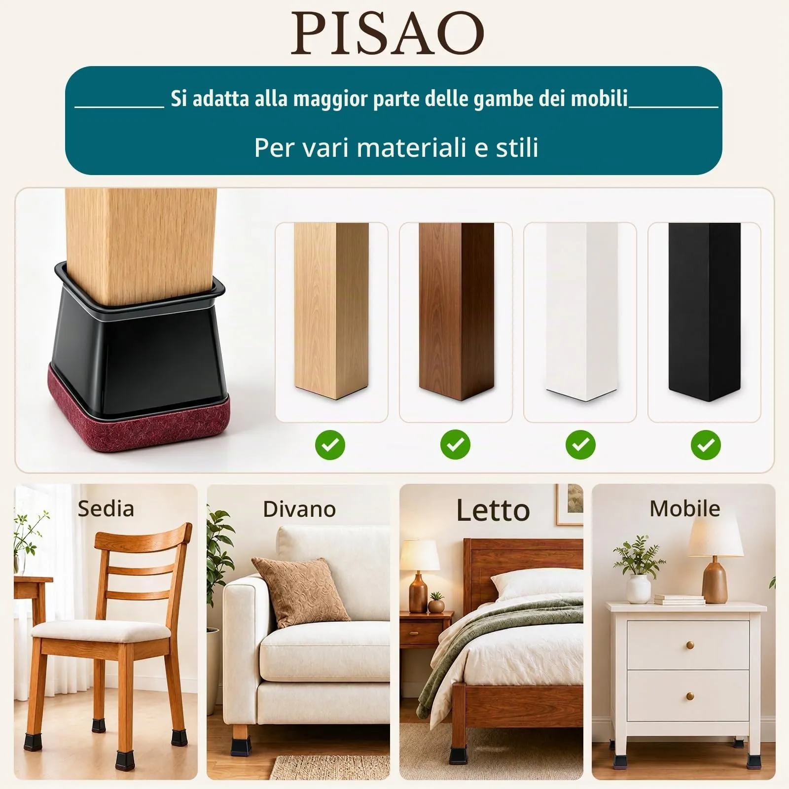 PISAO Gommini per Sedie Quadre, 32 Pezzi, Nero, Taglia L (27-36mm) - immagine 7