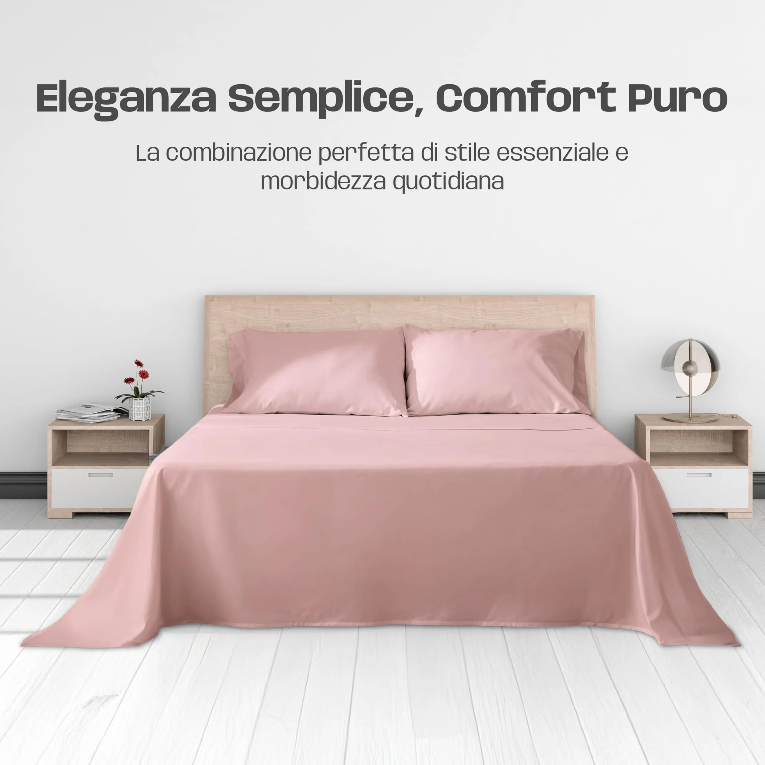 Narciso Completo Letto Singolo 100% Cotone, Lenzuolo Sotto con Angoli 90x200, Lenzuolo Sopra 150x290 e Federa 50x80cm - Rosa Chiaro - immagine 5