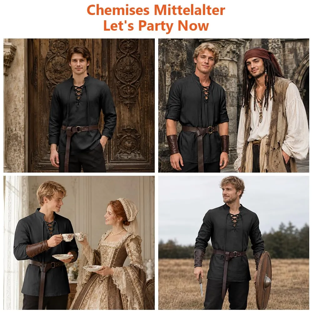 BSBUY Costume Medievale Rinascimentale per Uomo con Cintura, Nero, 3XL - immagine 7