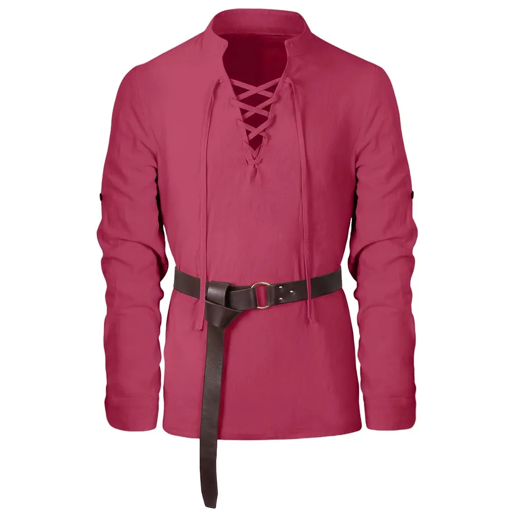 BSBUY Costume Medievale Uomo Rinascimentale Vintage Camicia con Cintura, Bordeaux, 3XL - immagine 8