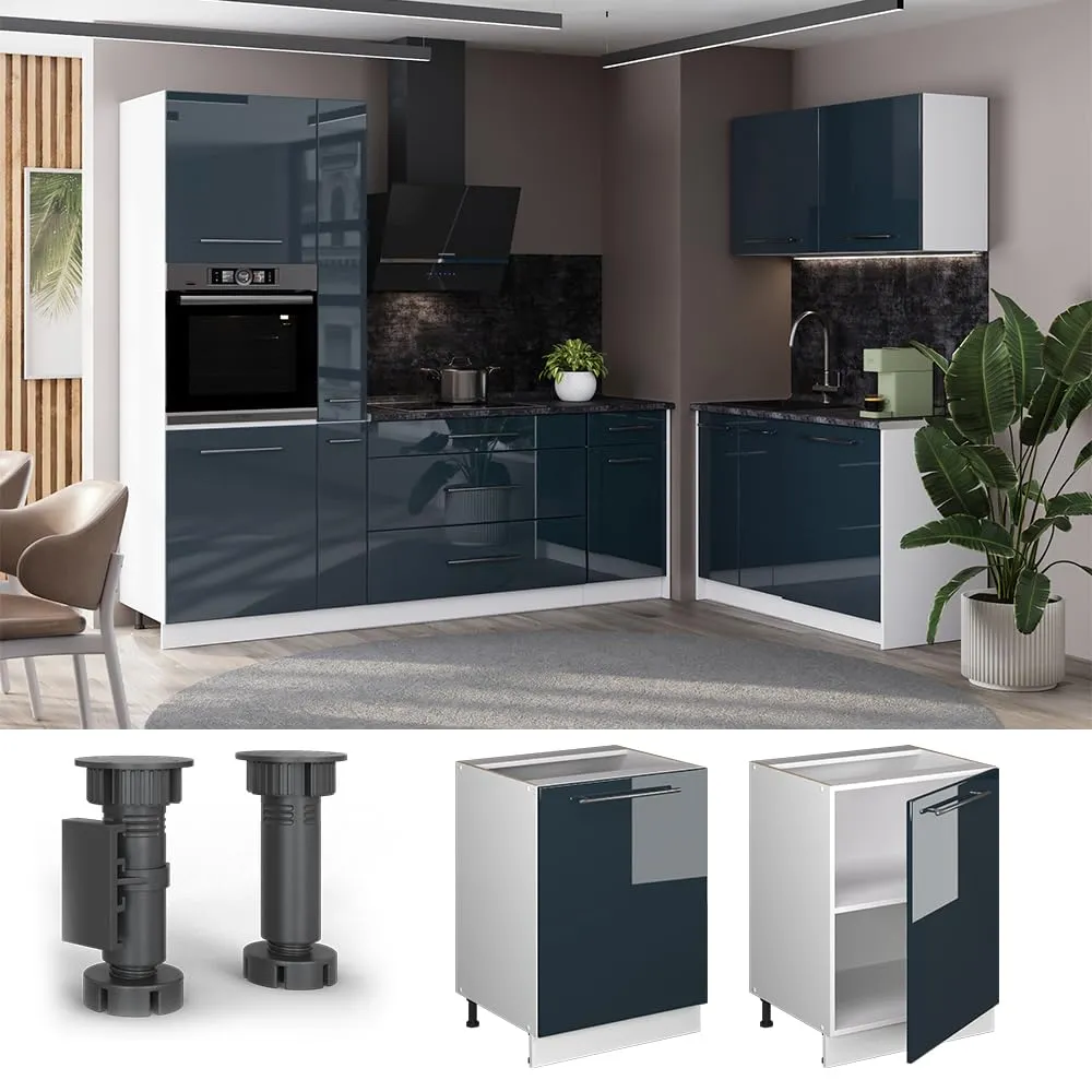 Vicco Mobiletto base cucina Fame-Line, Blu scuro lucido/Bianco, 60 cm - immagine 5