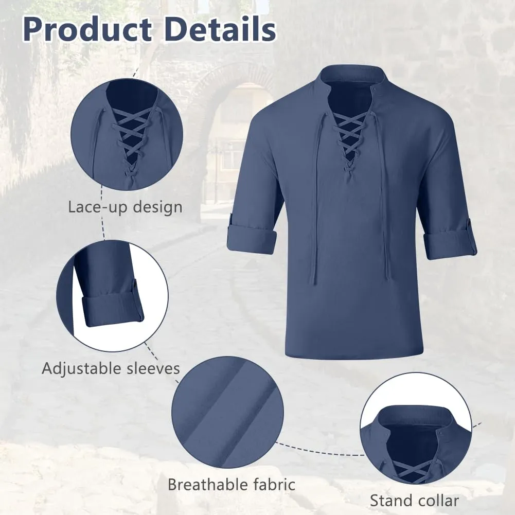 BSBUY Costume Medievale Rinascimentale da Uomo con Cintura - Blu Navy - immagine 3