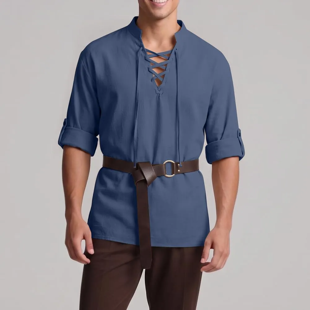 BSBUY Costume Medievale Rinascimentale da Uomo con Cintura - Blu Navy - immagine 6