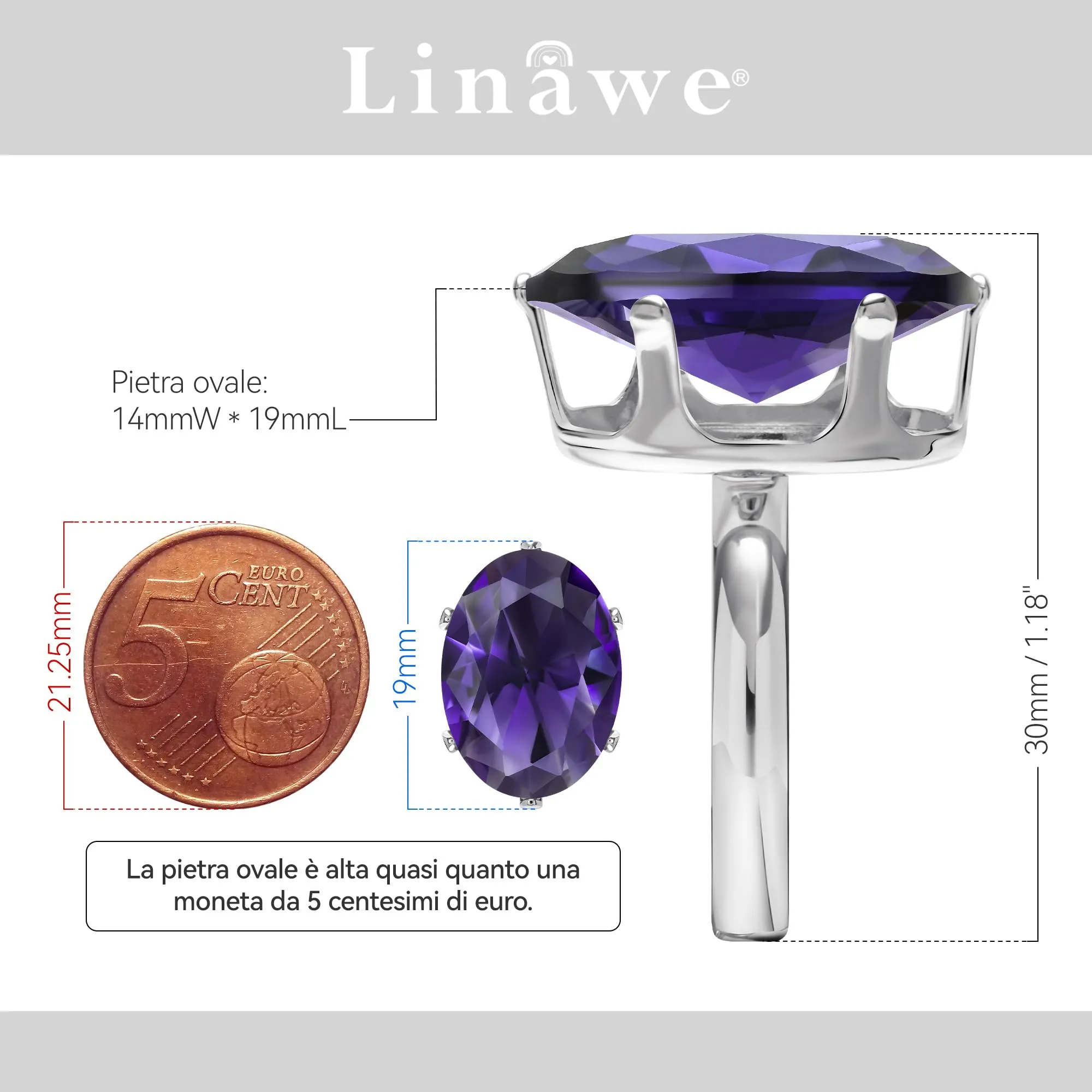Linawe Anello da donna in ametista viola in argento regolabile - immagine 2