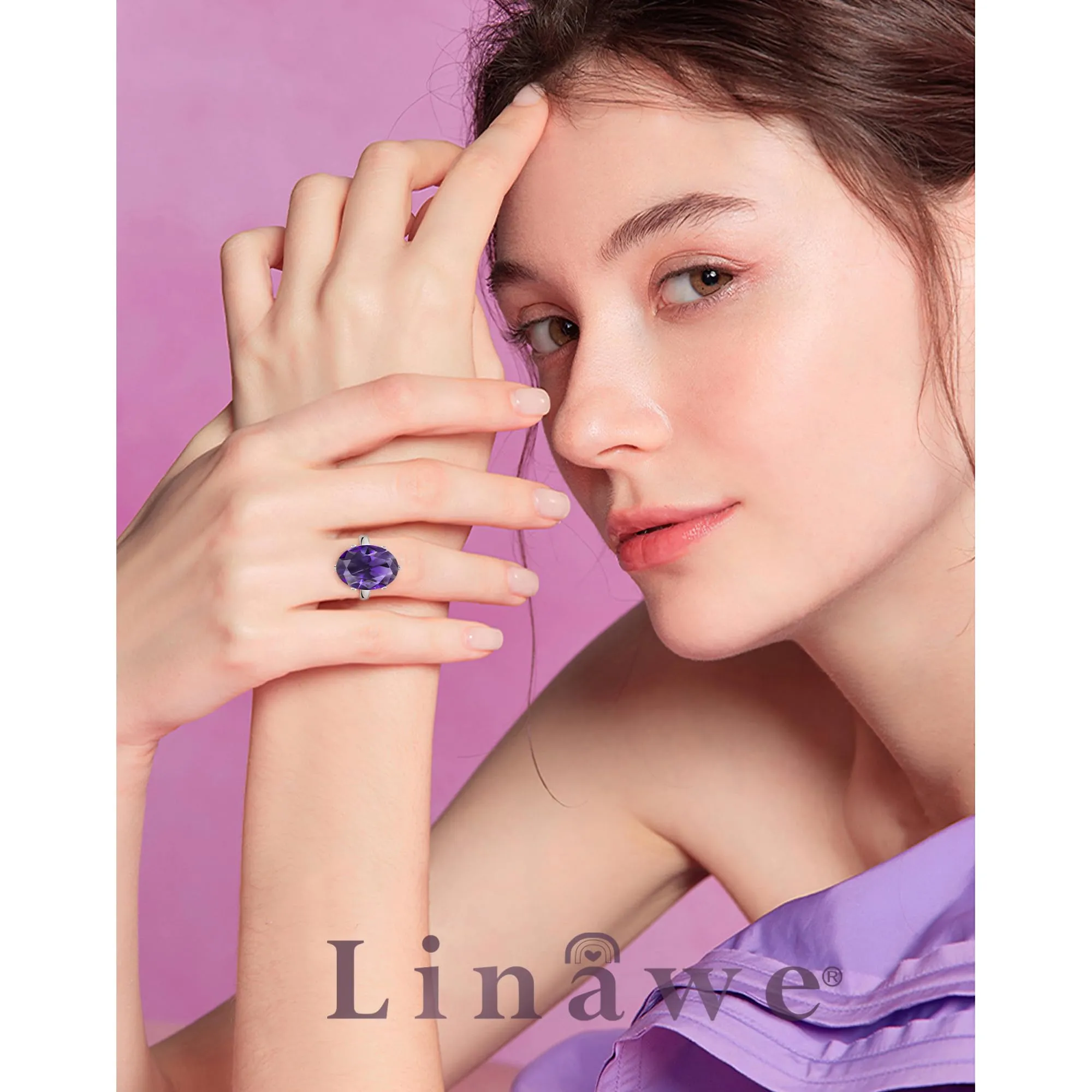 Linawe Anello da donna in ametista viola in argento regolabile - immagine 4
