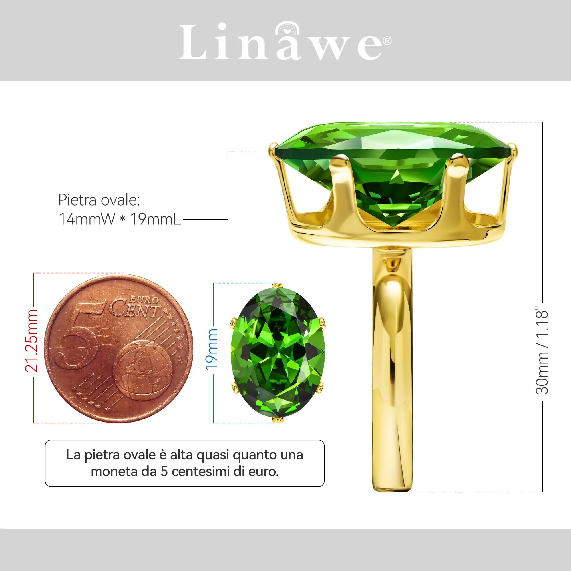 Linawe Anello da Donna Regolabile in Oro con Moissanite Verde Smeraldo - immagine 2