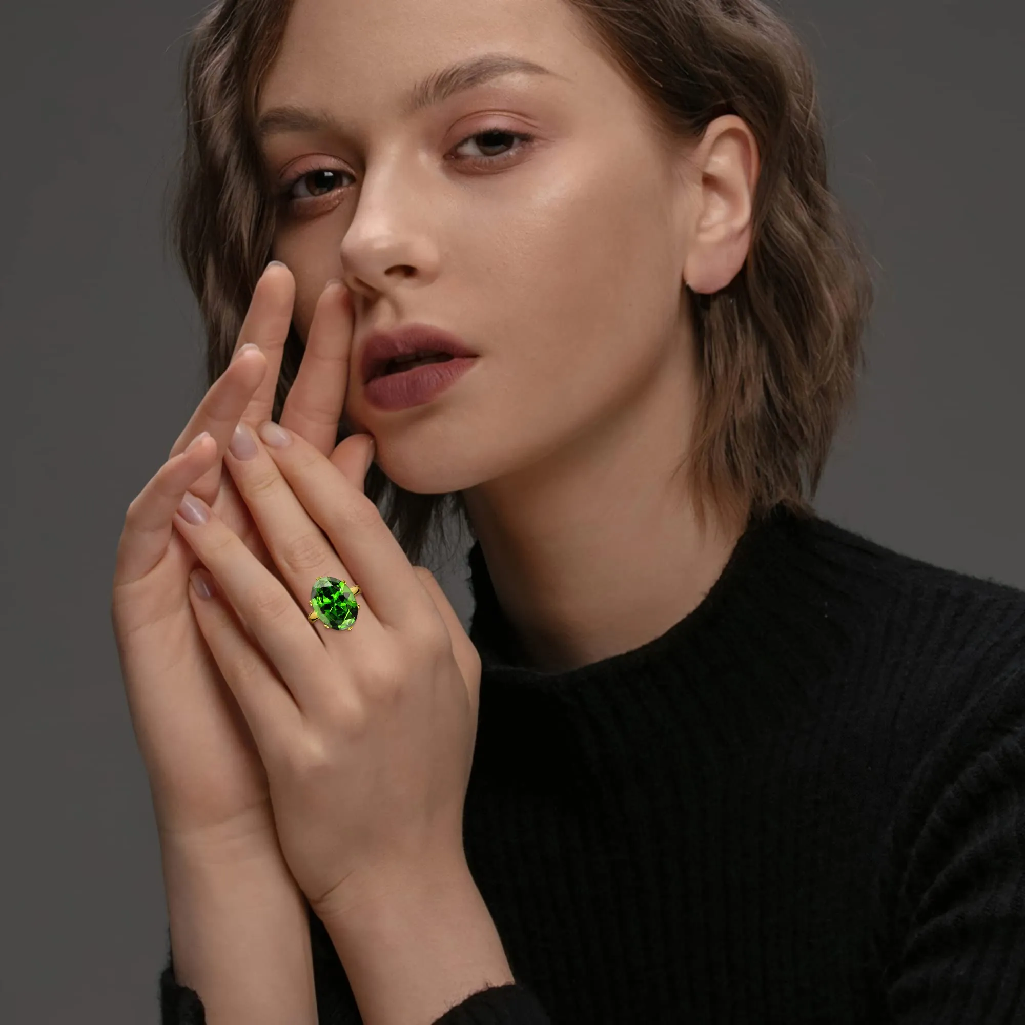 Linawe Anello da Donna Regolabile in Oro con Moissanite Verde Smeraldo - immagine 3