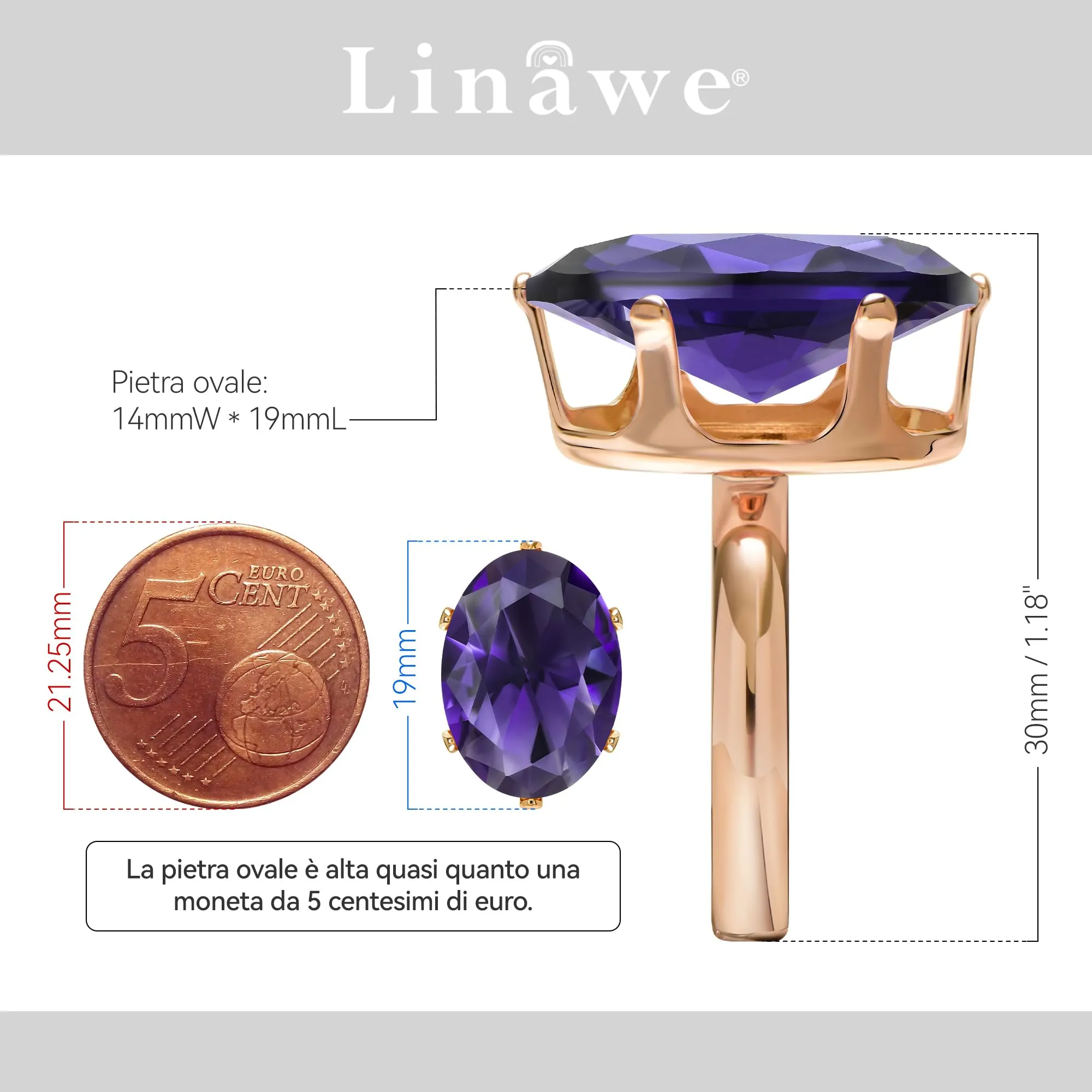 Anello Linawe da donna regolabile in oro rosa con ametista viola e moissanite - immagine 2