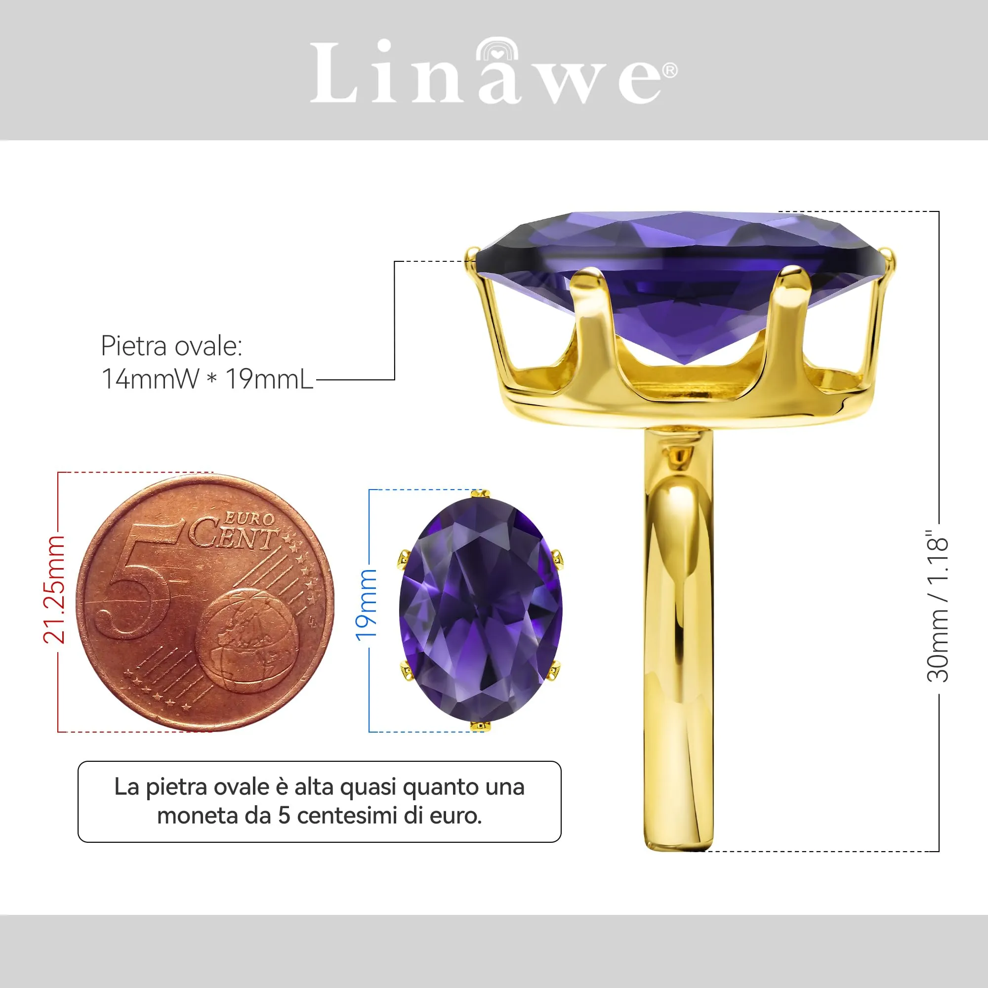 Linawe Anello regolabile da donna in oro placcato con moissanite viola ametista - immagine 2