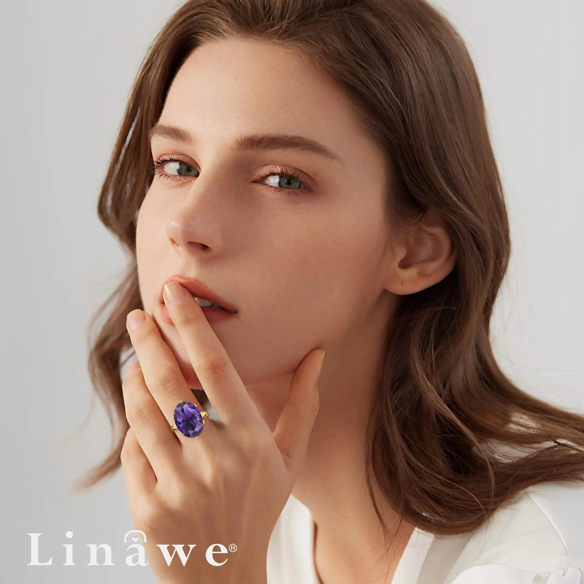 Linawe Anello regolabile da donna in oro placcato con moissanite viola ametista - immagine 3