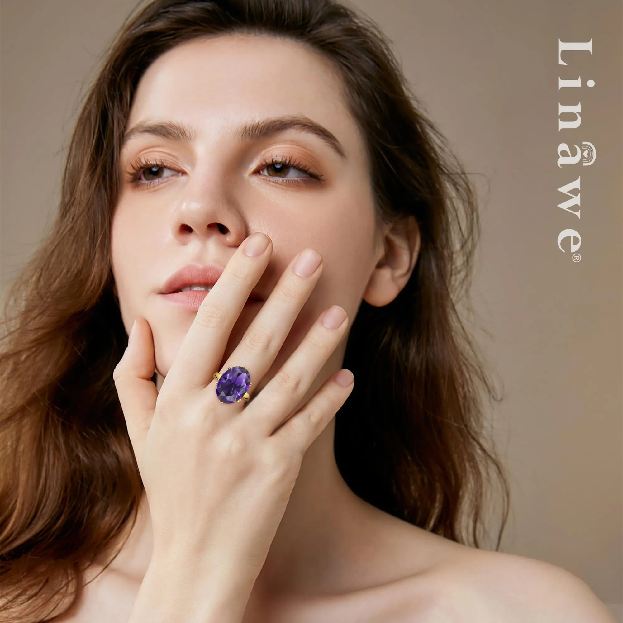 Linawe Anello regolabile da donna in oro placcato con moissanite viola ametista - immagine 4