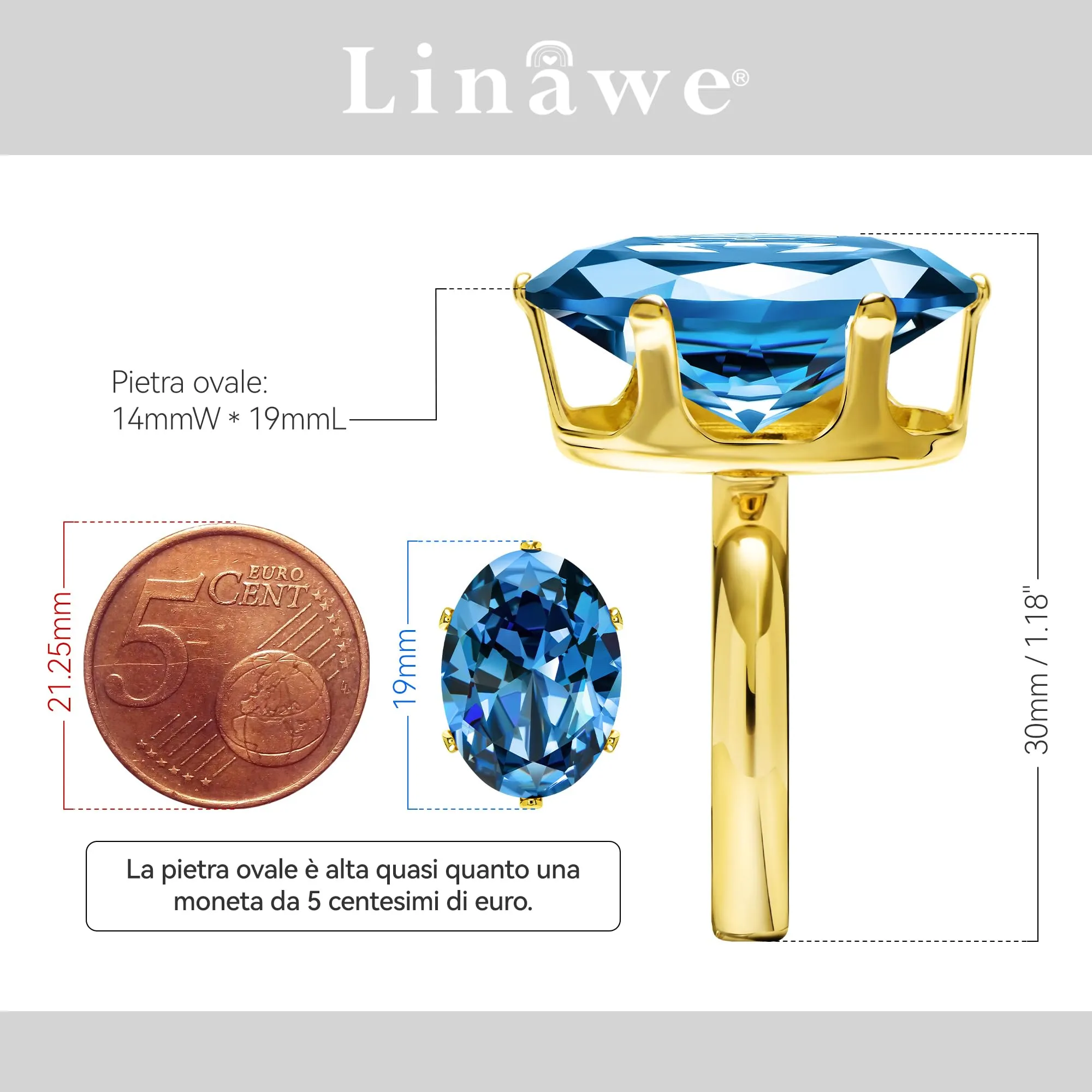 Linawe Anello in Acquamarina con Moissanite, Regolabile, Placcato in Oro - immagine 2