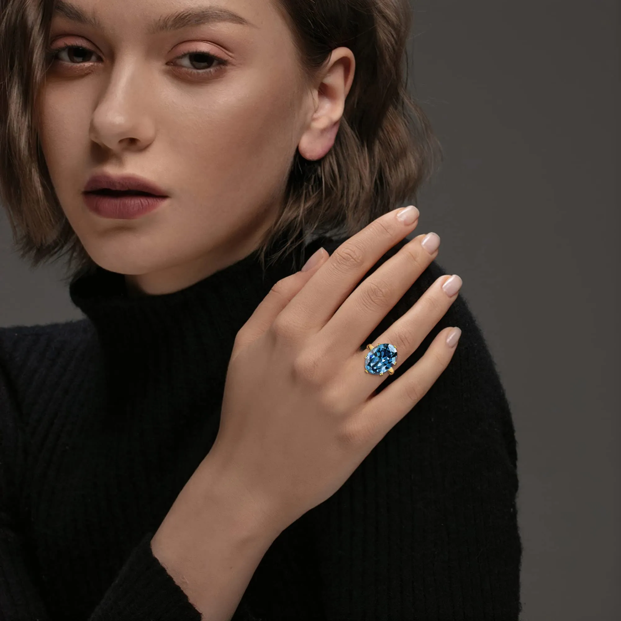Linawe Anello in Acquamarina con Moissanite, Regolabile, Placcato in Oro - immagine 3