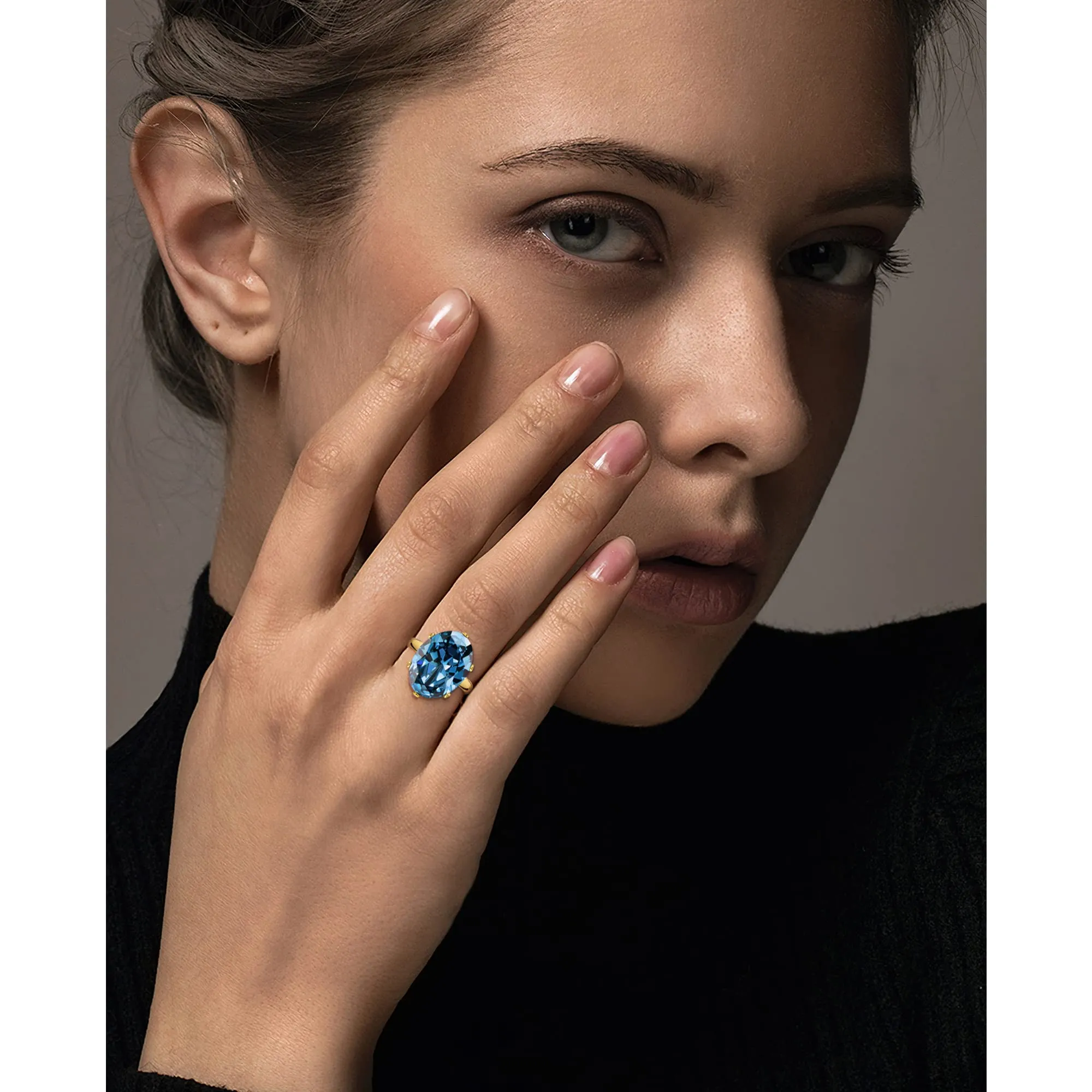 Linawe Anello in Acquamarina con Moissanite, Regolabile, Placcato in Oro - immagine 4