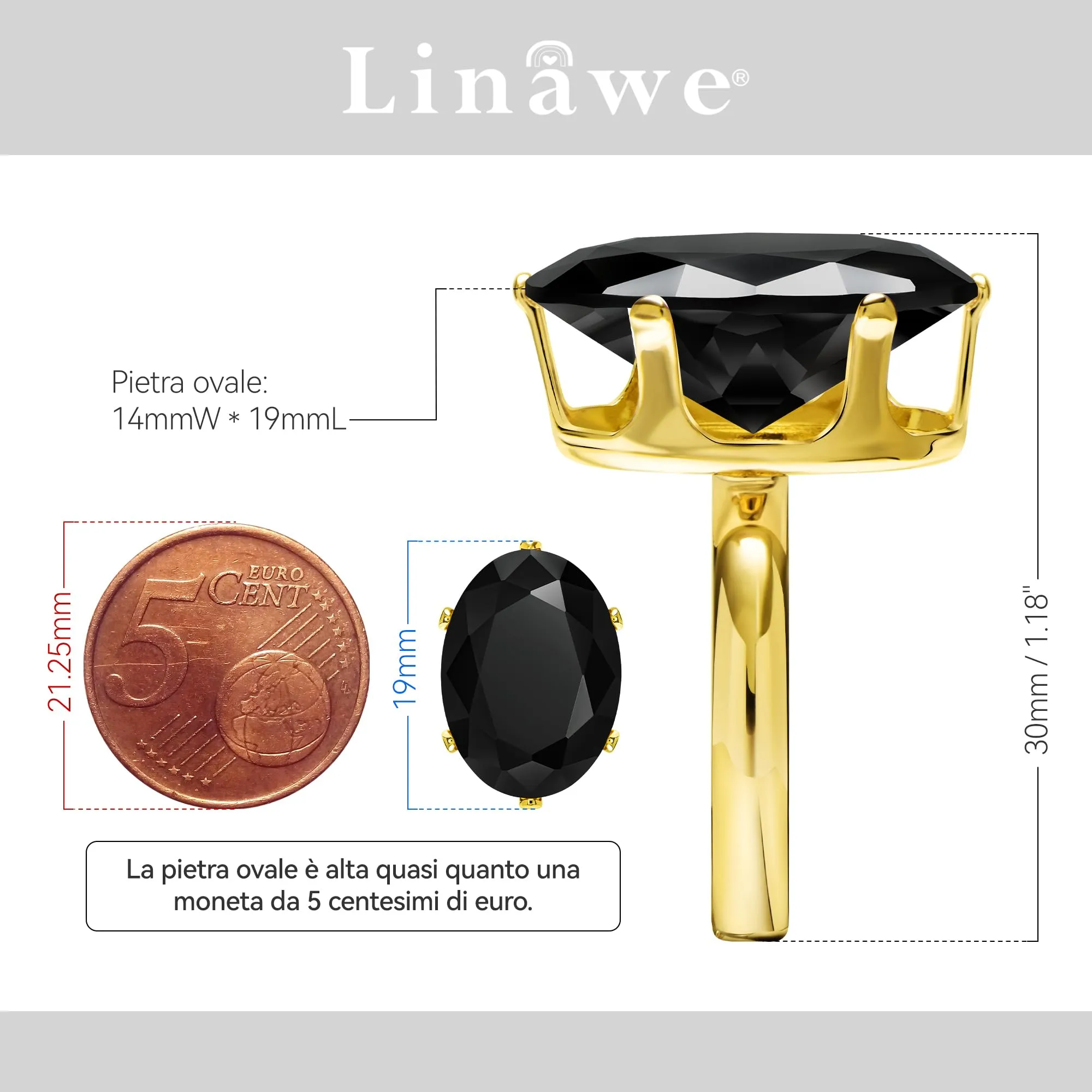 Linawe Anello da Donna Regolabile in Oro Placcato con Diamante Moissanite Nero - immagine 2