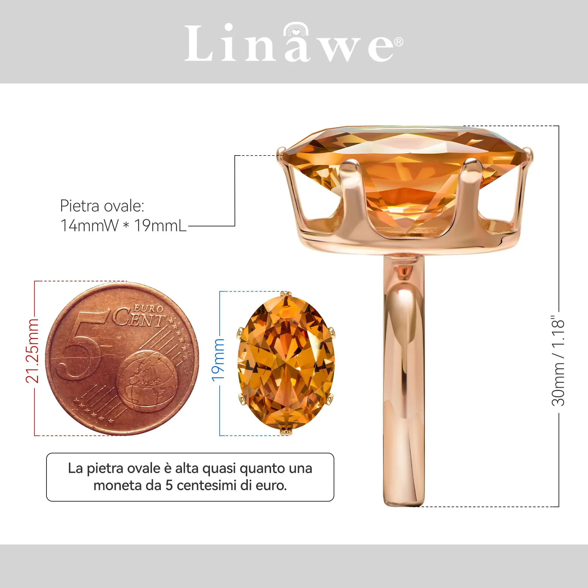 Linawe Anello da donna regolabile in oro rosa con diamante citrino e moissanite - immagine 2