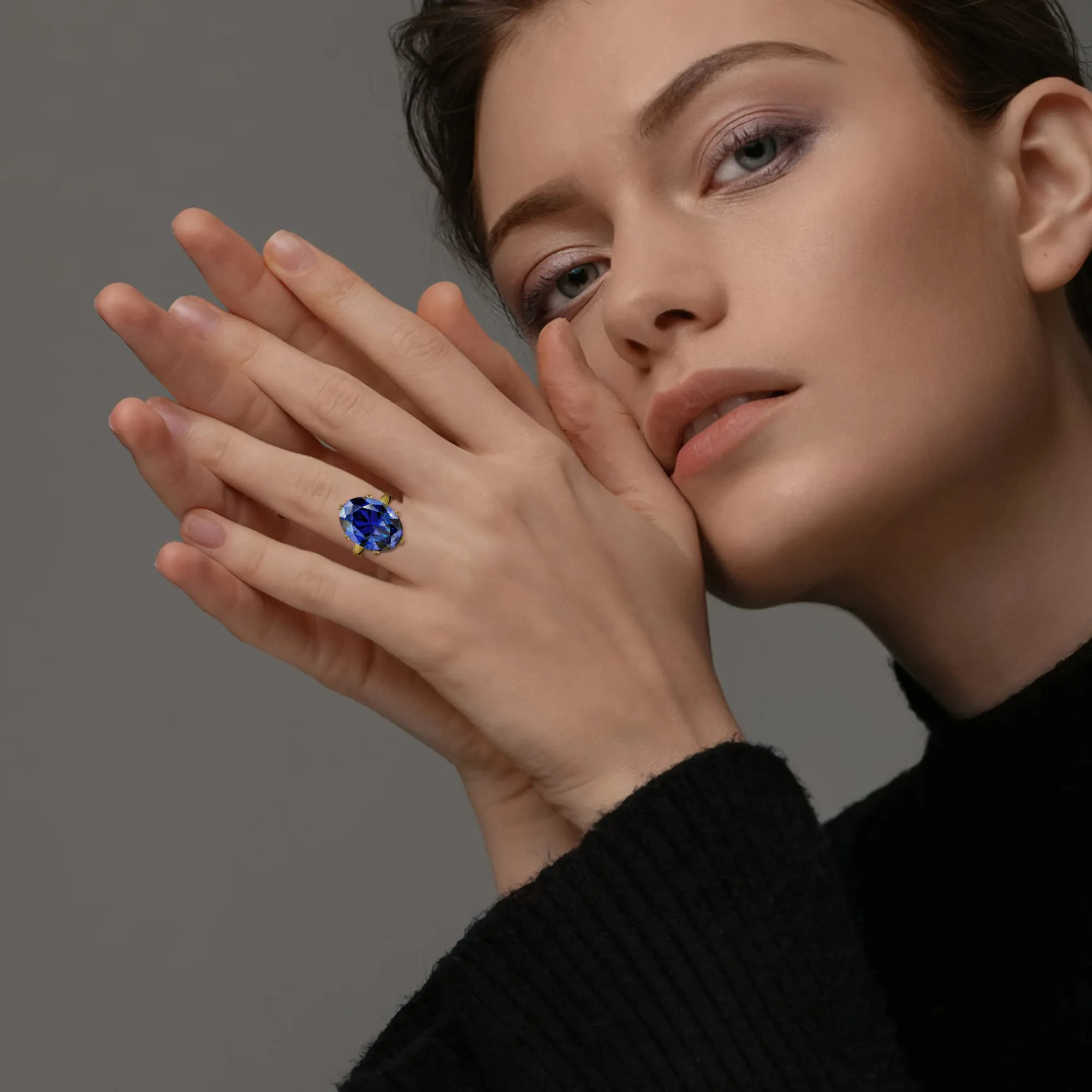 Linawe Anello da donna in oro placcato 14k con moissanite blu e diamanti, regolabile - immagine 3
