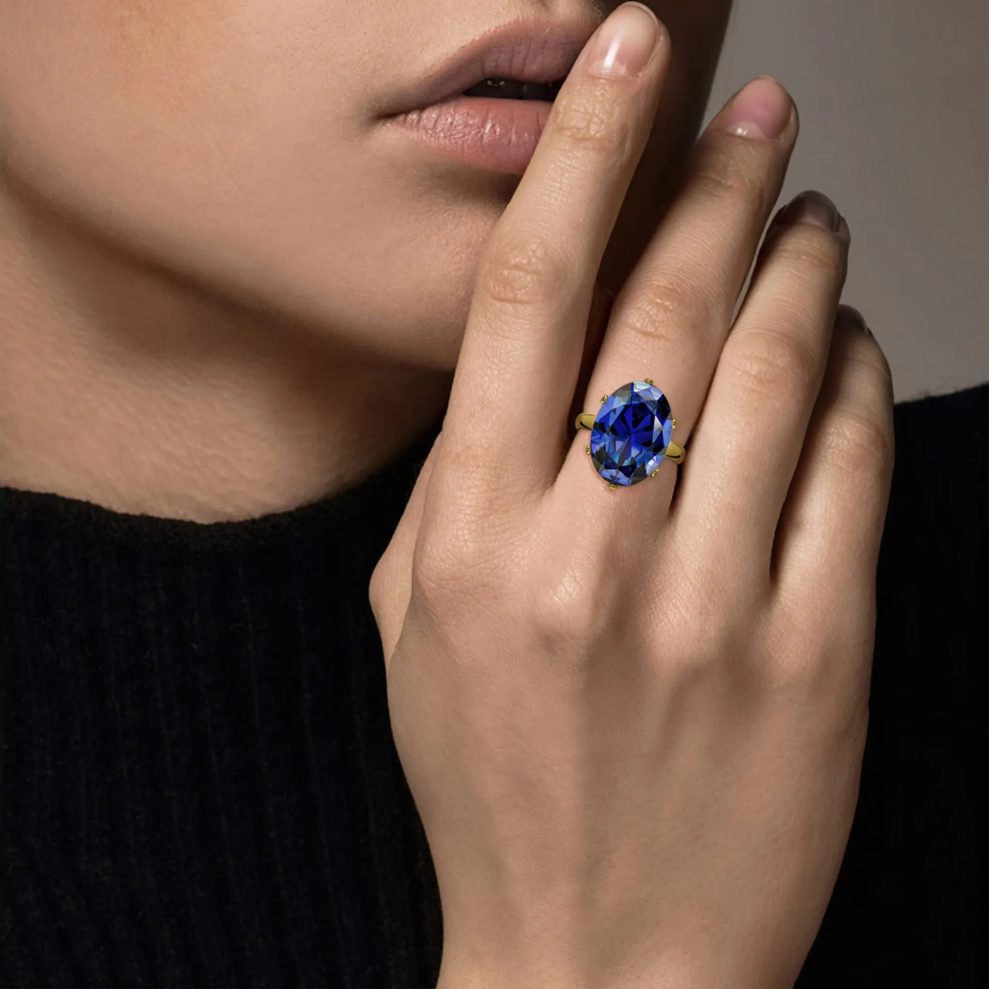 Linawe Anello da donna in oro placcato 14k con moissanite blu e diamanti, regolabile - immagine 4