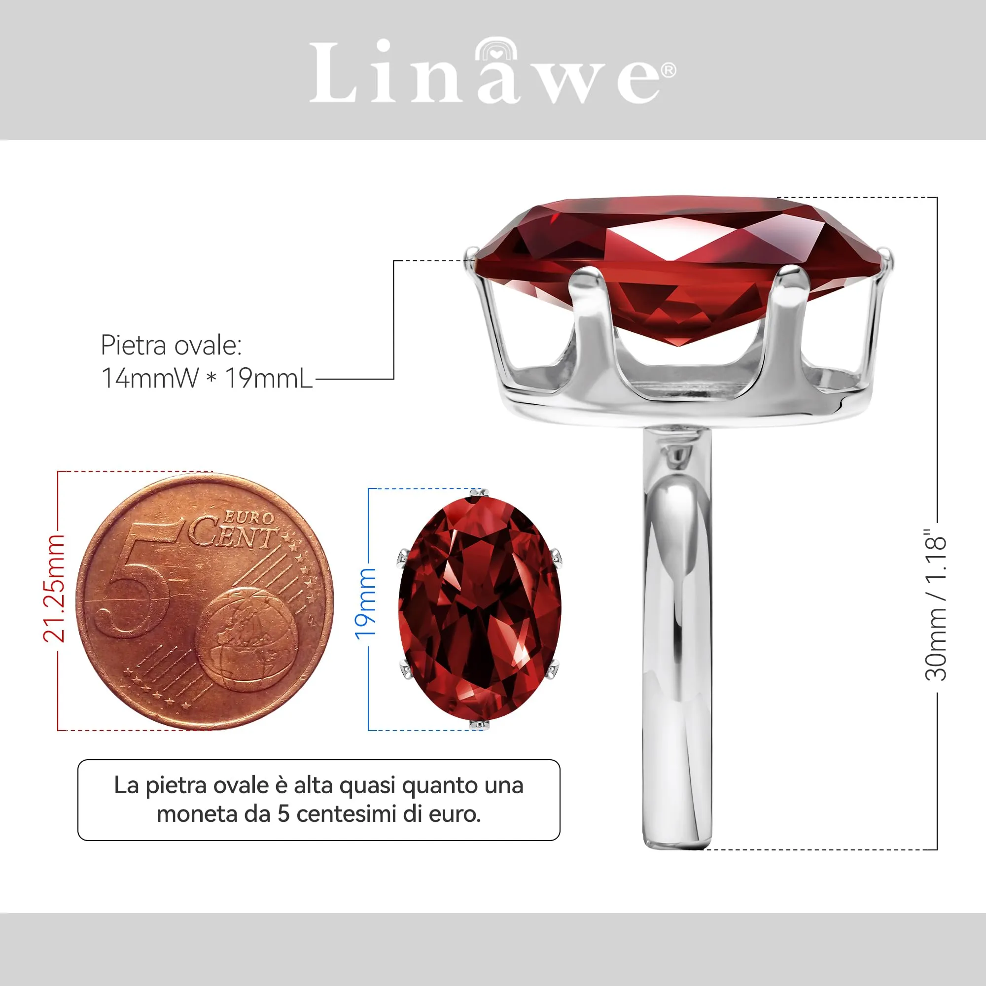 Linawe Anello regolabile da donna con granato e moissanite argentato - immagine 2