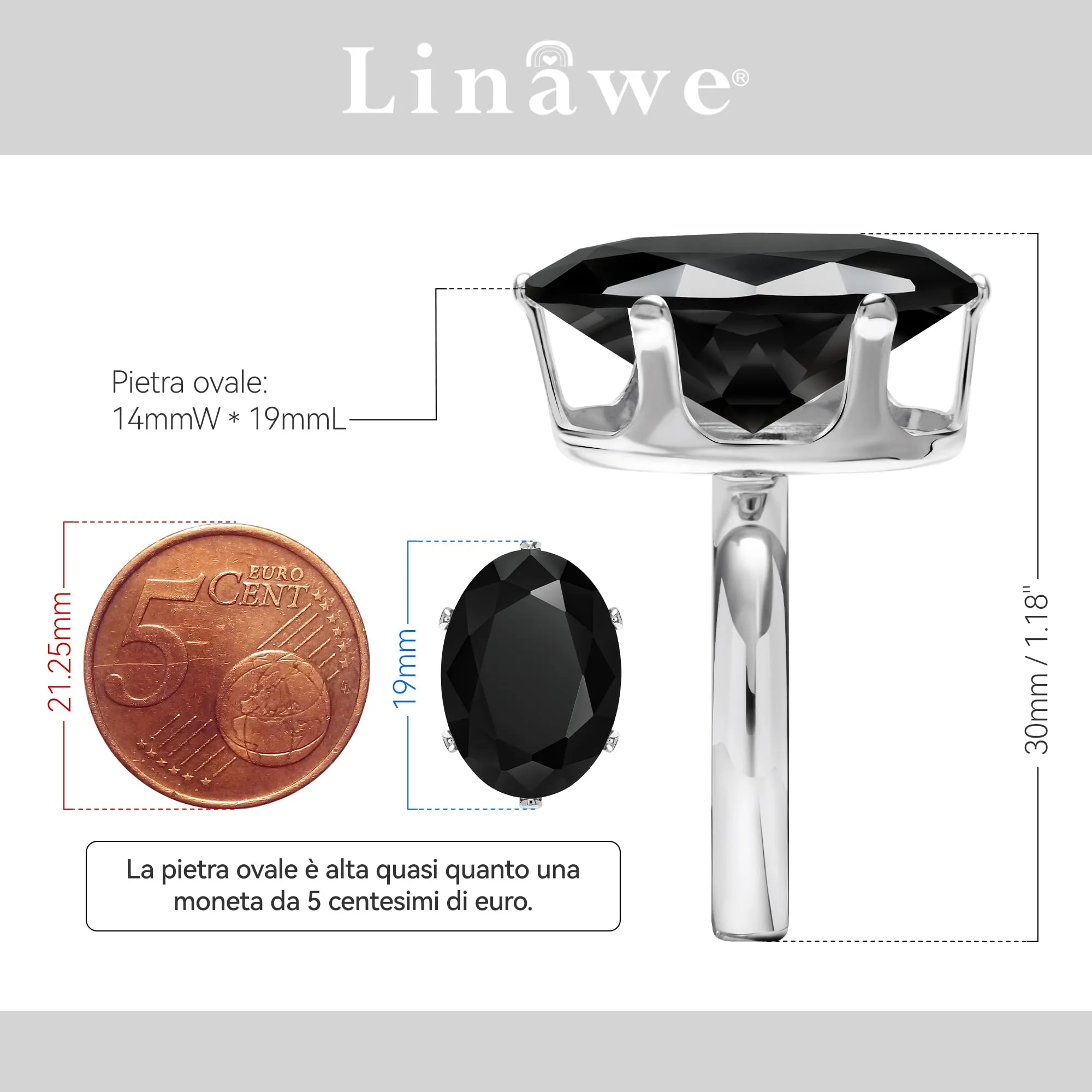 Linawe Anello da donna regolabile in argento e nero con diamante moissanite - immagine 2