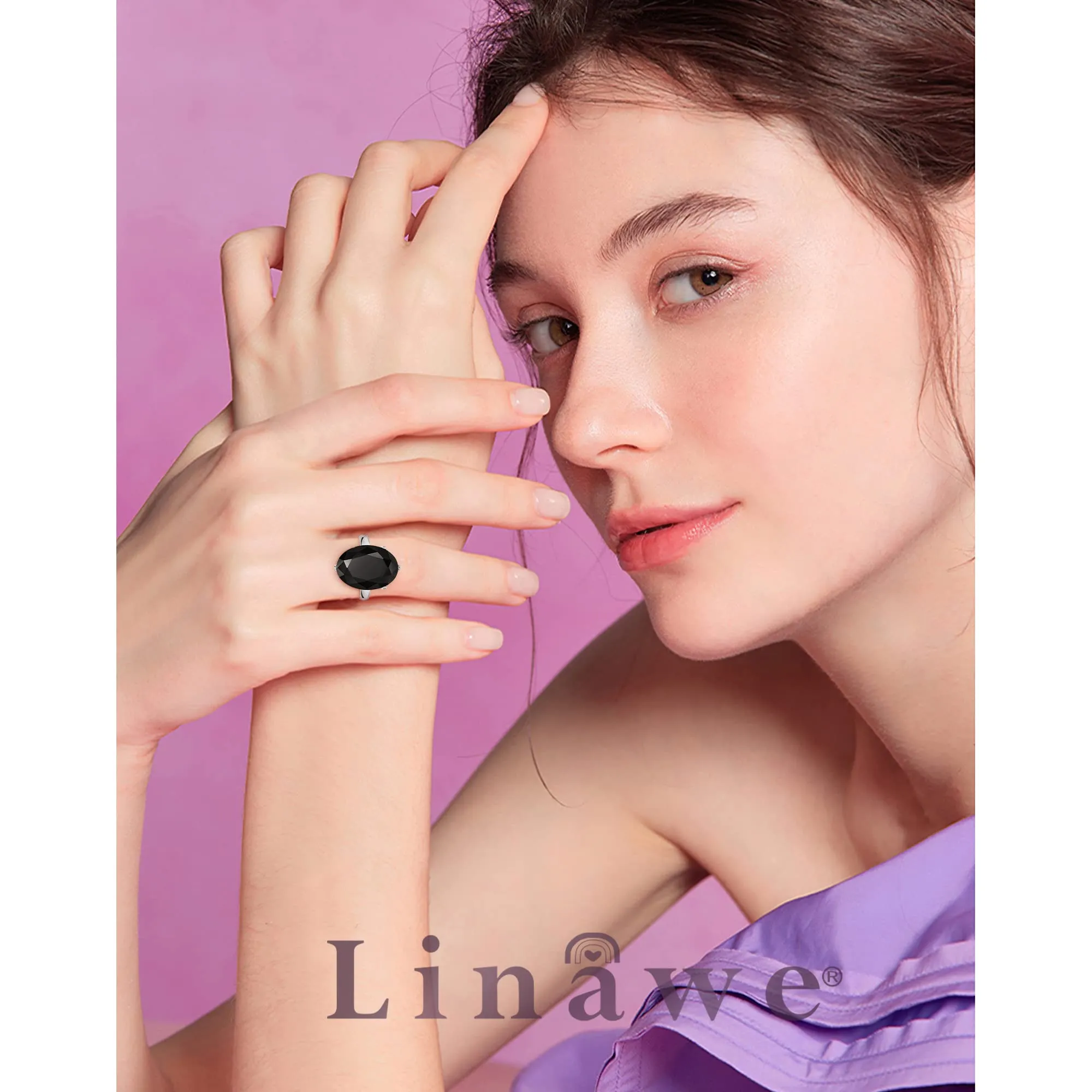 Linawe Anello da donna regolabile in argento e nero con diamante moissanite - immagine 4