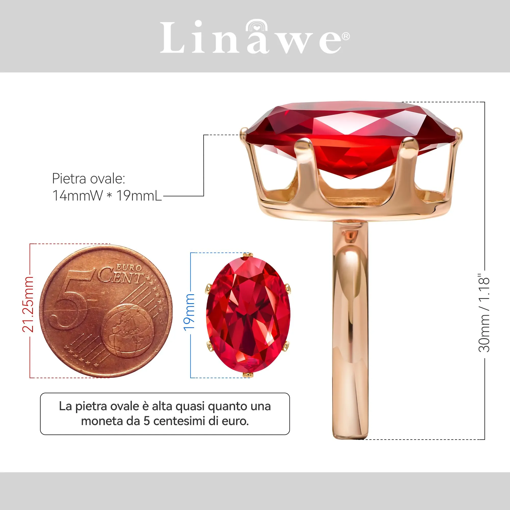 Linawe Anello Regolabile in Oro Rosa con Rubino Rosso e Moissanite - immagine 2