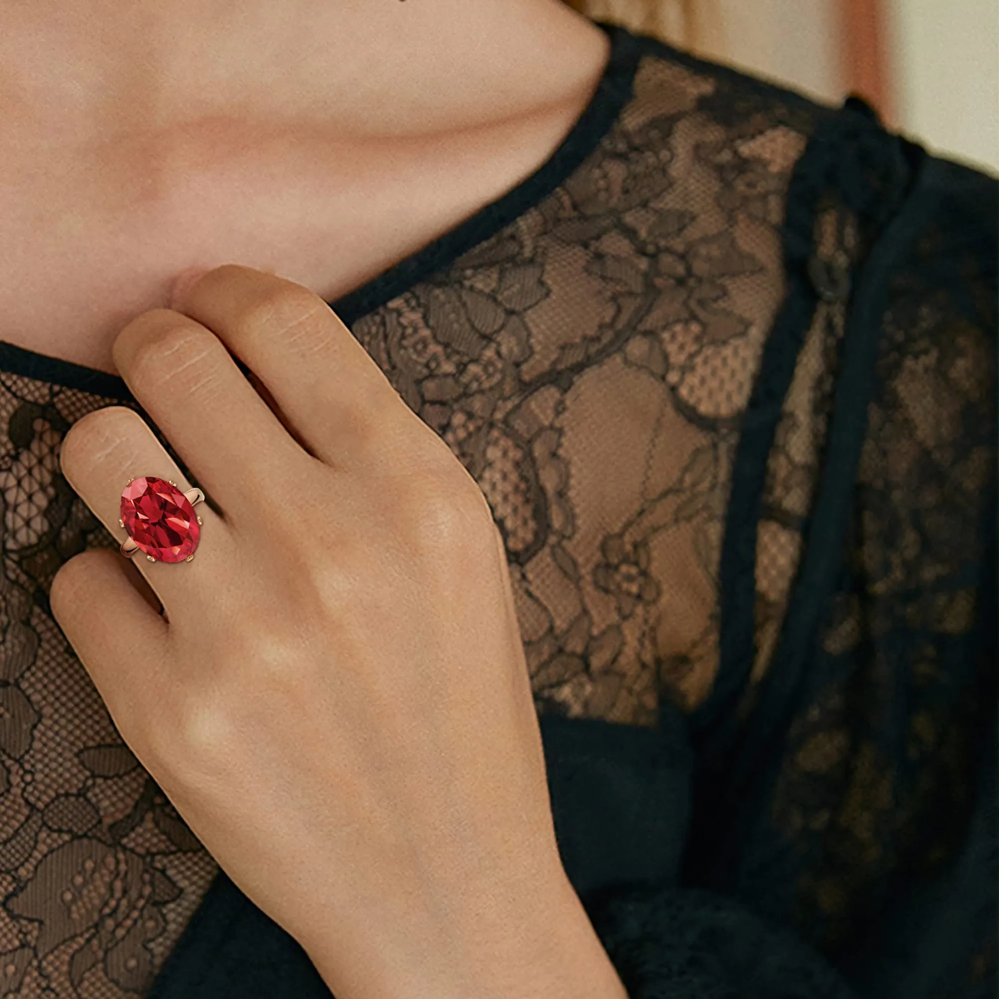 Linawe Anello Regolabile in Oro Rosa con Rubino Rosso e Moissanite - immagine 3