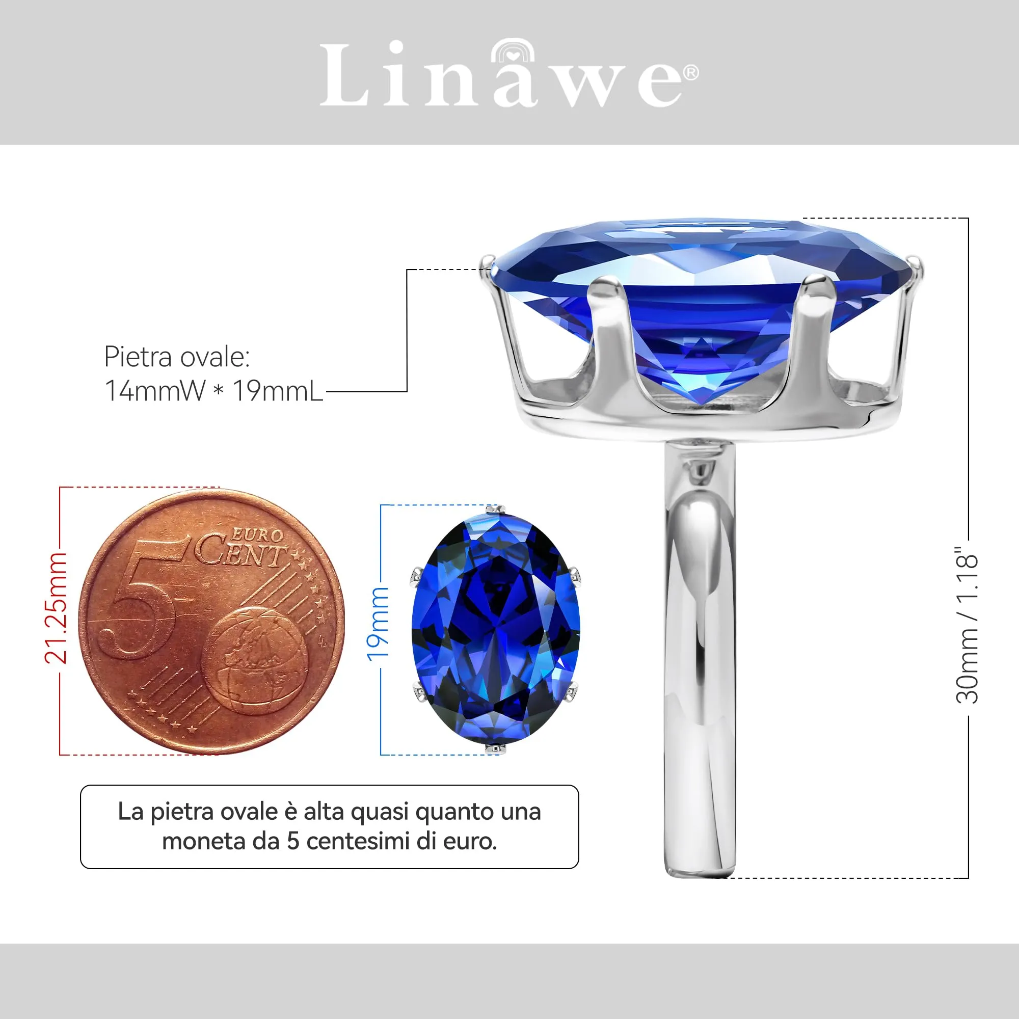 Linawe Anello da donna regolabile in argento con zaffiro blu e moissanite - immagine 2