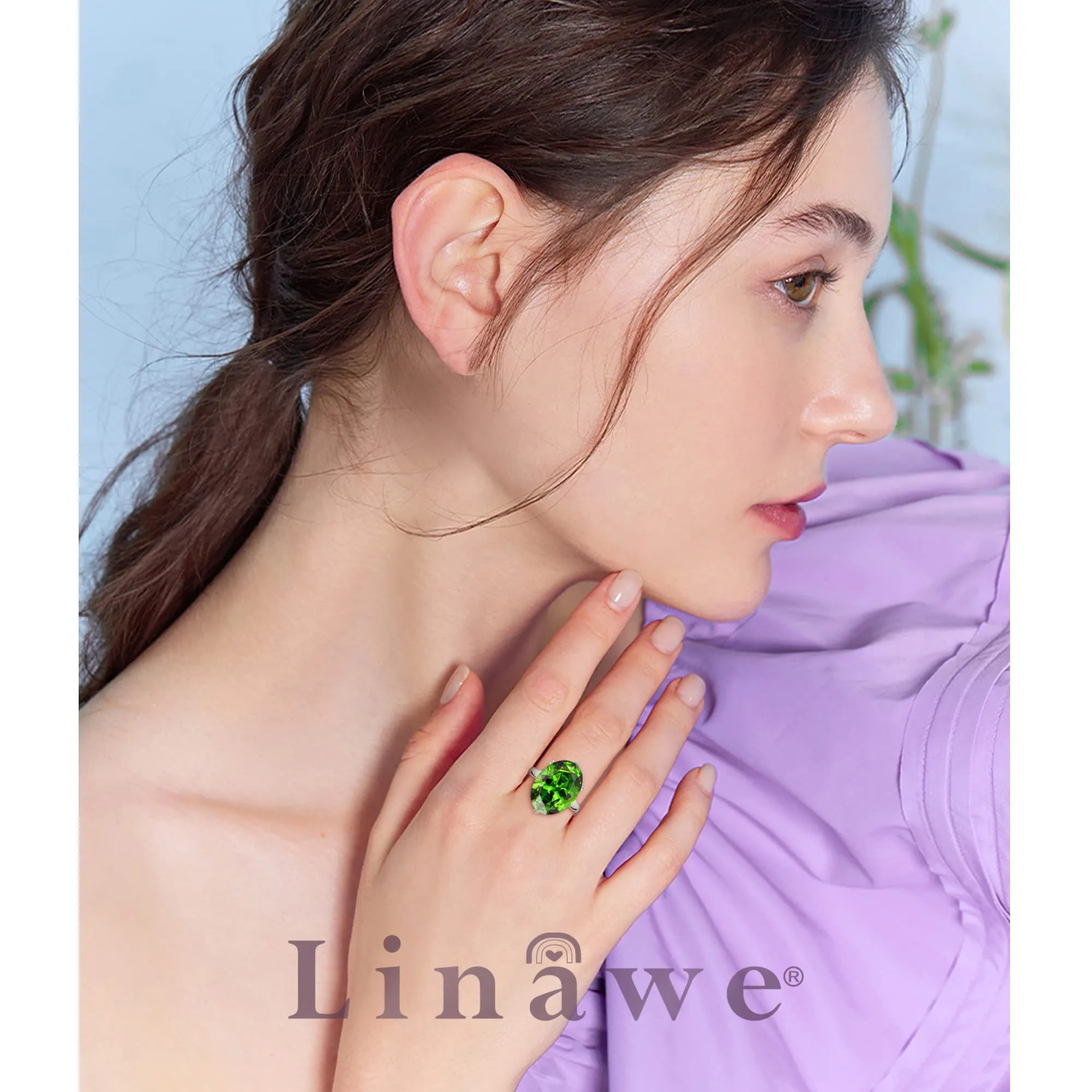 Linawe Anello da Donna in Argento con Smeraldo Verde Moissanite Regolabile - immagine 3