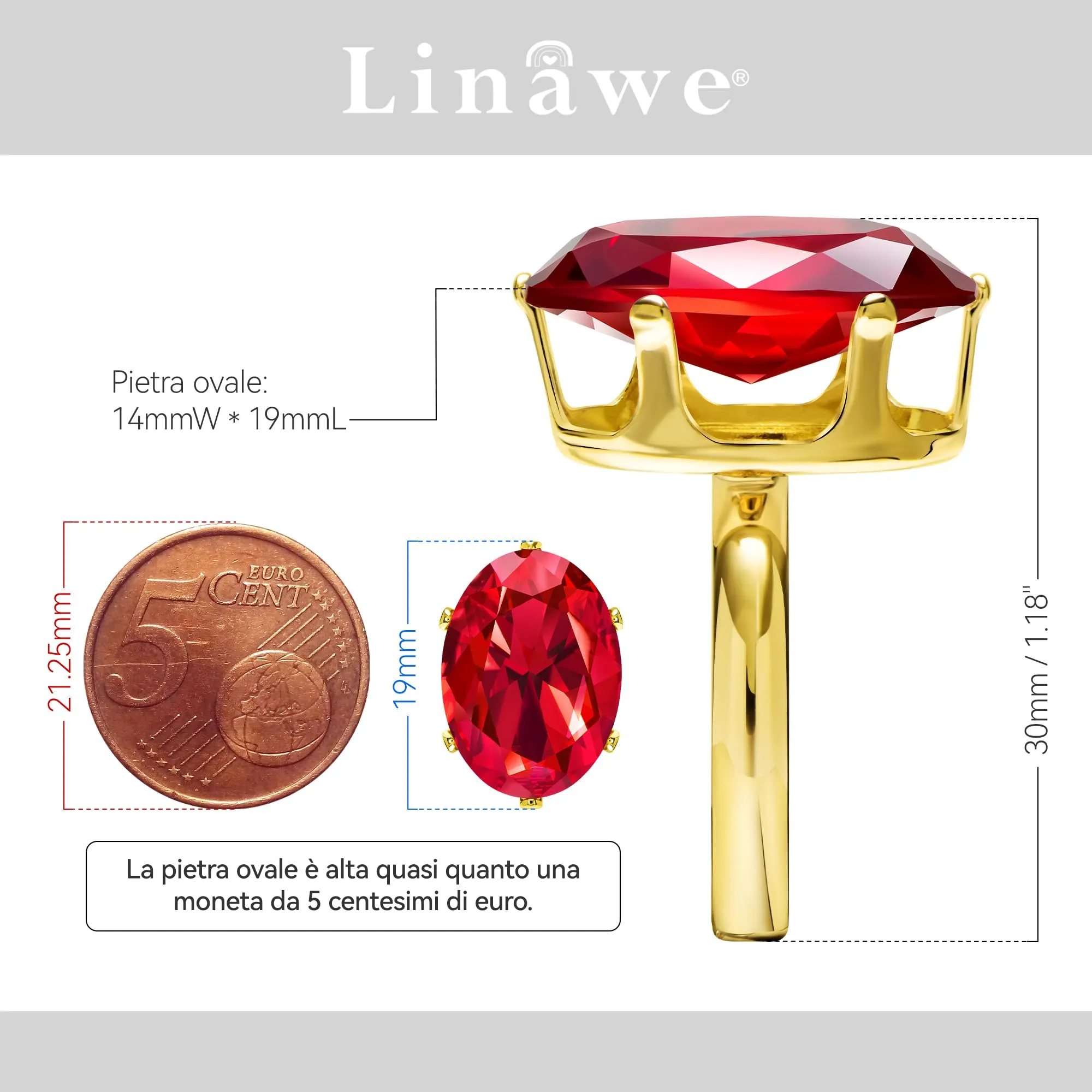 Linawe Anello da donna regolabile in oro con rubino rosso e moissanite - immagine 2