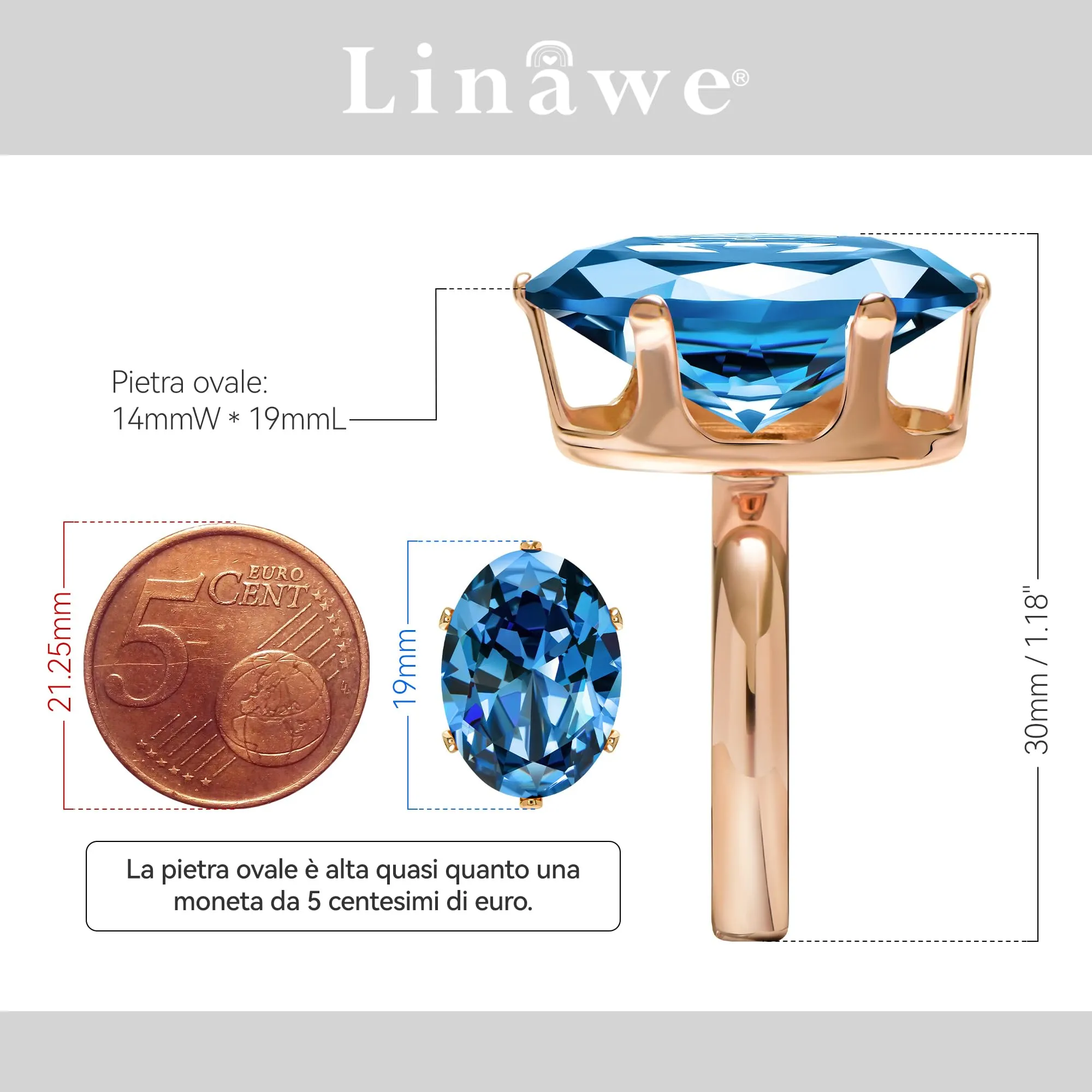 Linawe Anello da Donna Regolabile con Acquamarina e Moissanite in Oro Rosa - immagine 2