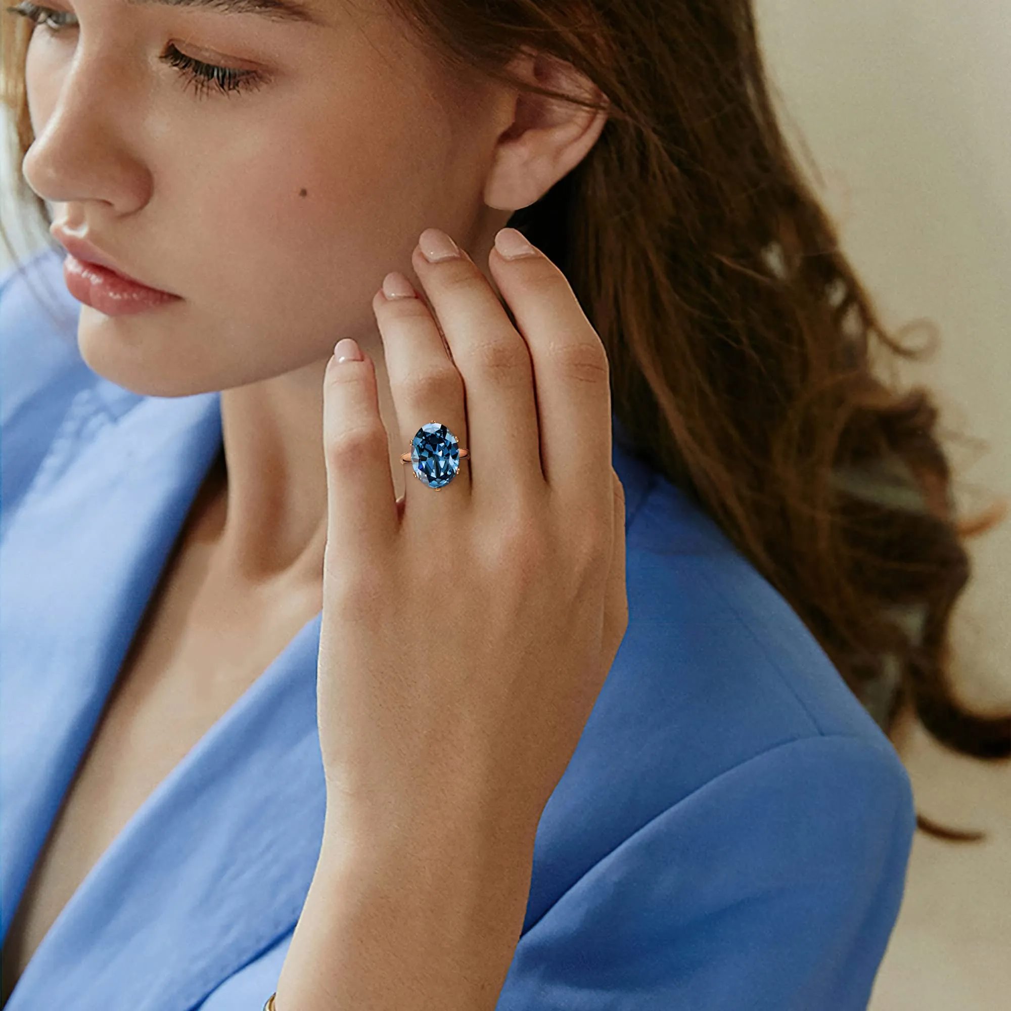 Linawe Anello da Donna Regolabile con Acquamarina e Moissanite in Oro Rosa - immagine 4