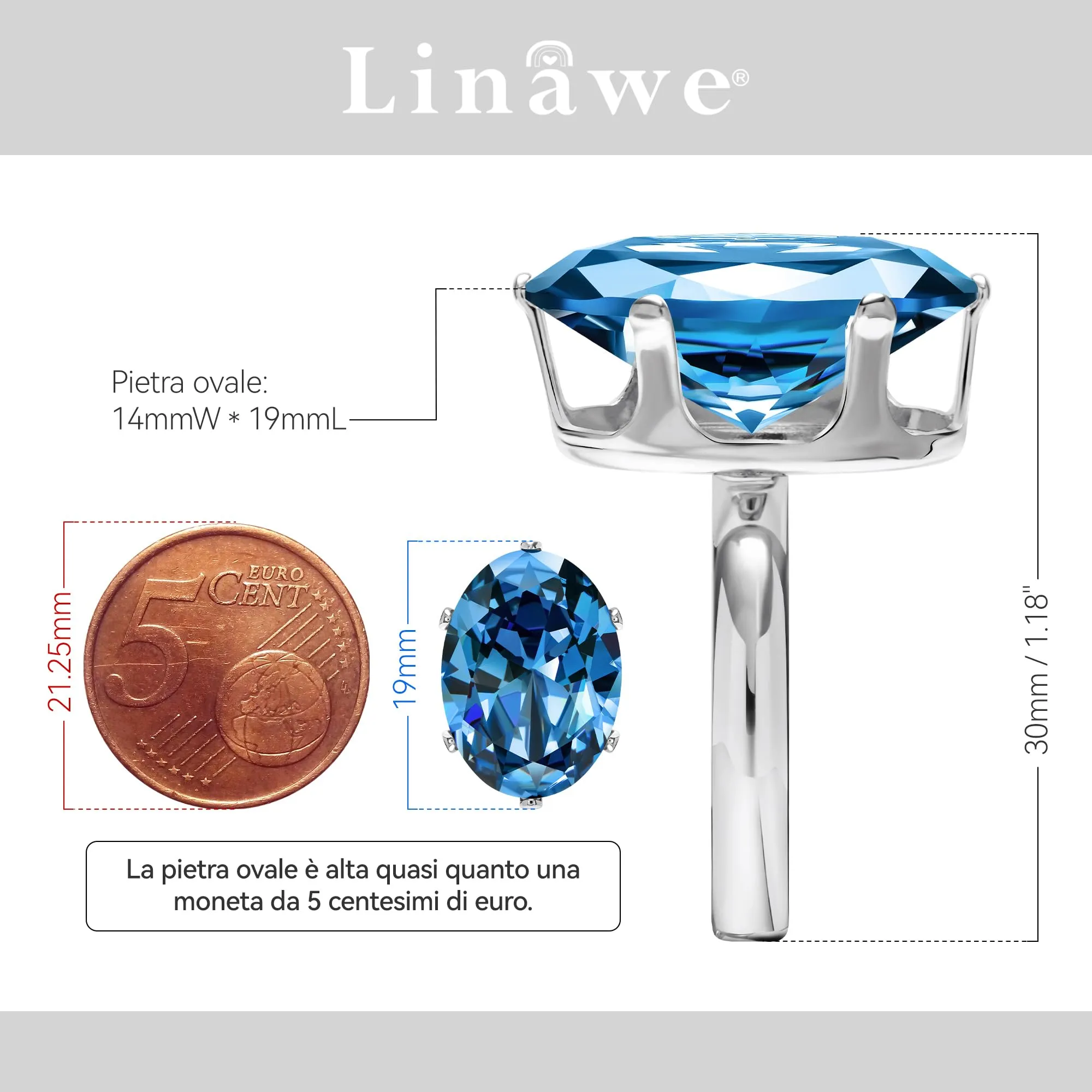 Linawe Anello da Donna con Acquamarina e Moissanite Blu, Argento Regolabile - immagine 2