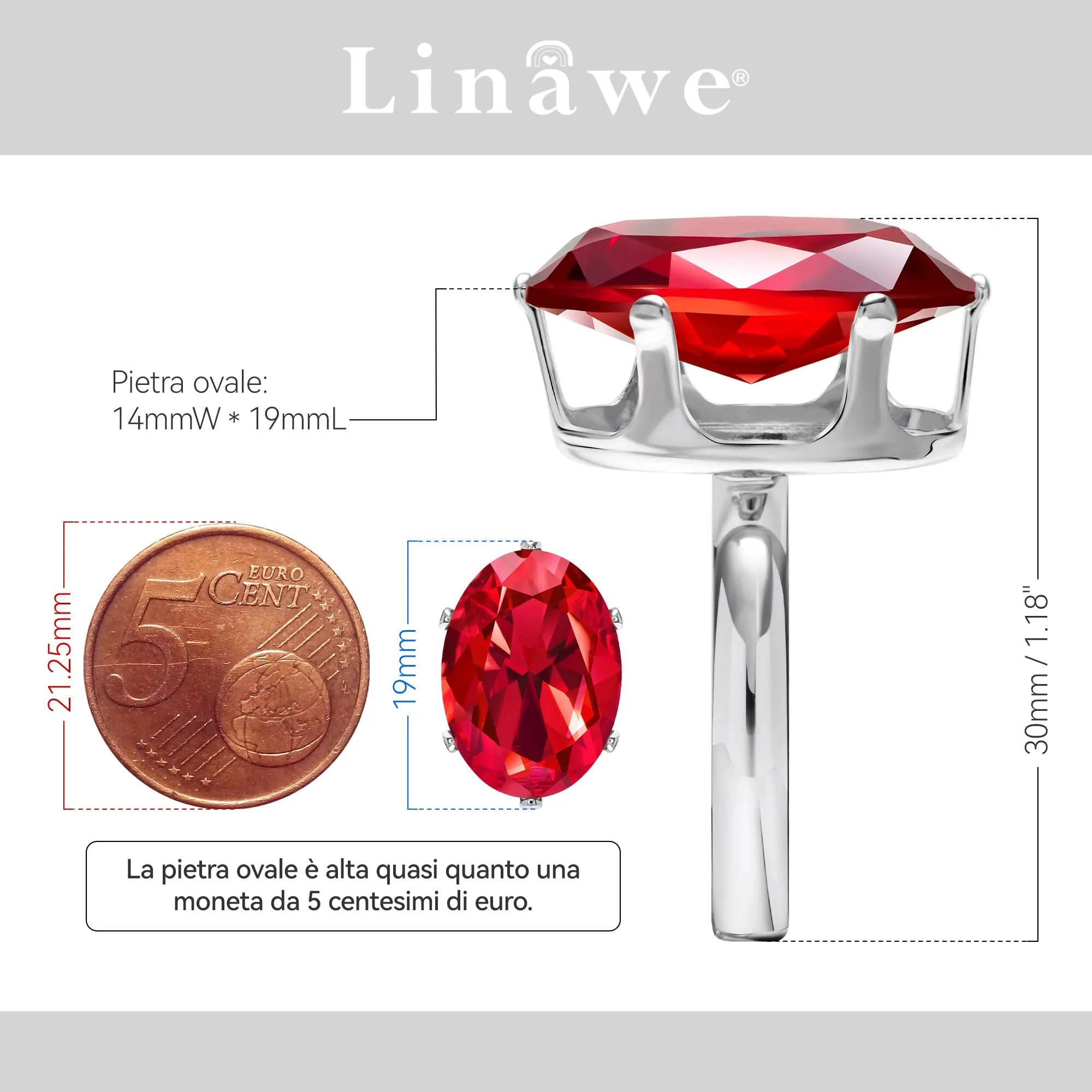 Linawe Anello da donna in argento regolabile con rubino rosso e moissanite - immagine 2