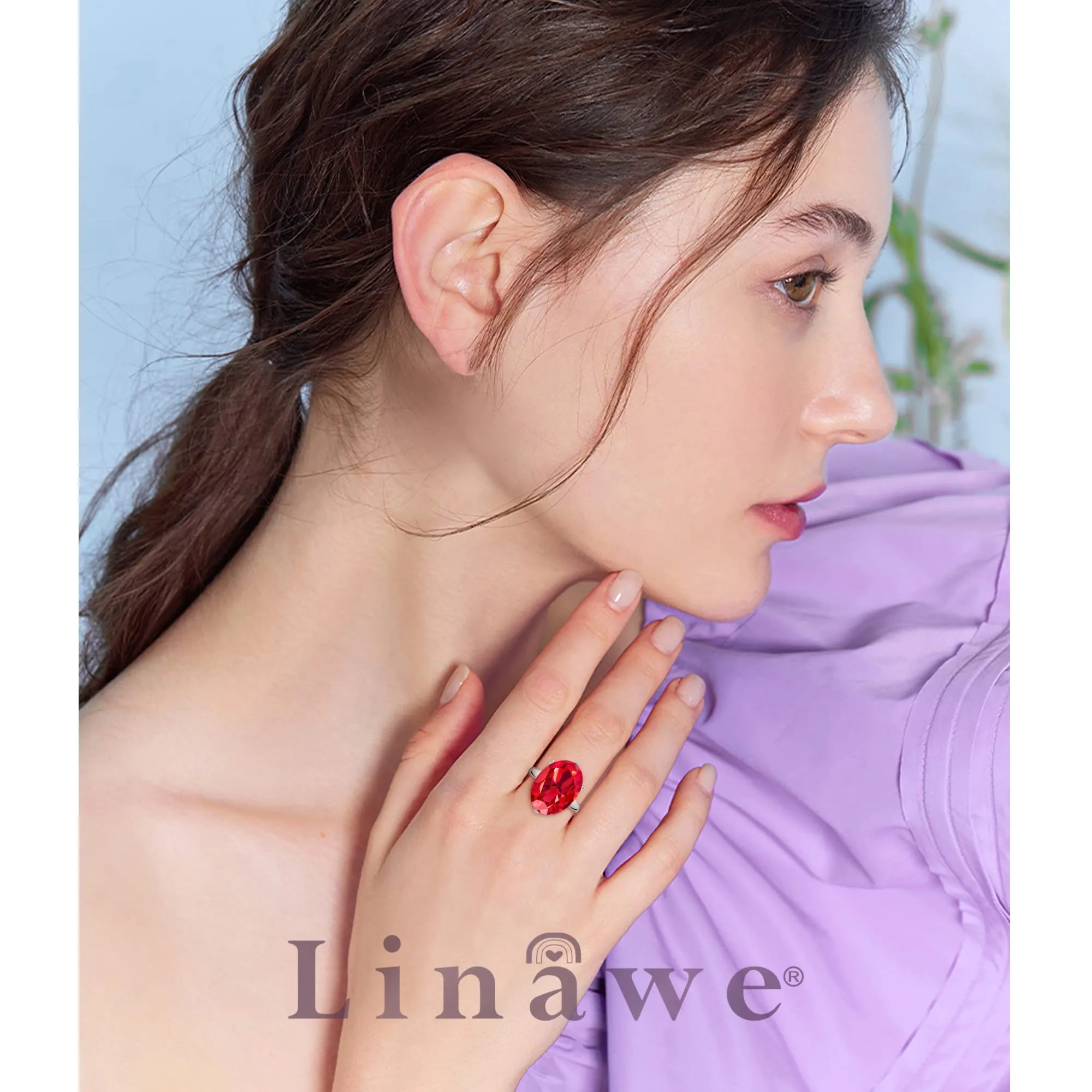Linawe Anello da donna in argento regolabile con rubino rosso e moissanite - immagine 3