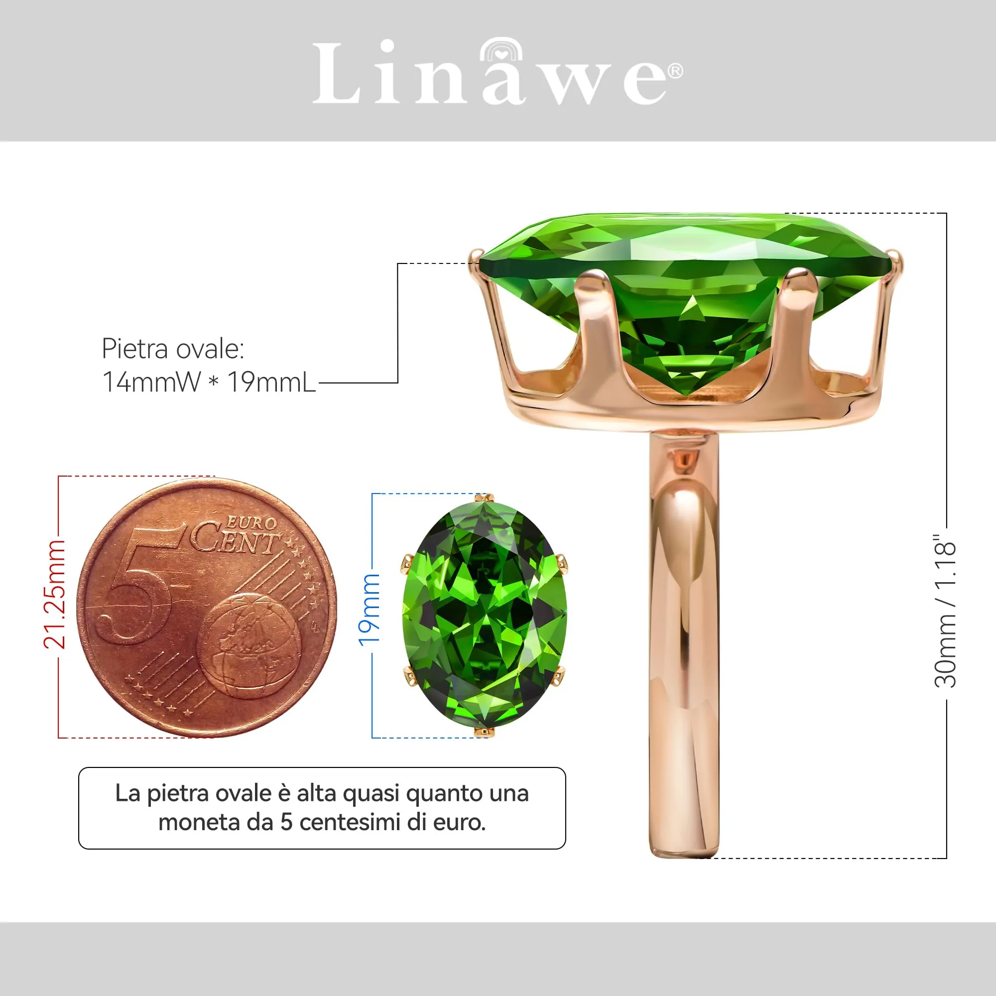 Linawe Anello da donna in oro rosa con smeraldo verde e moissanite regolabile - immagine 2