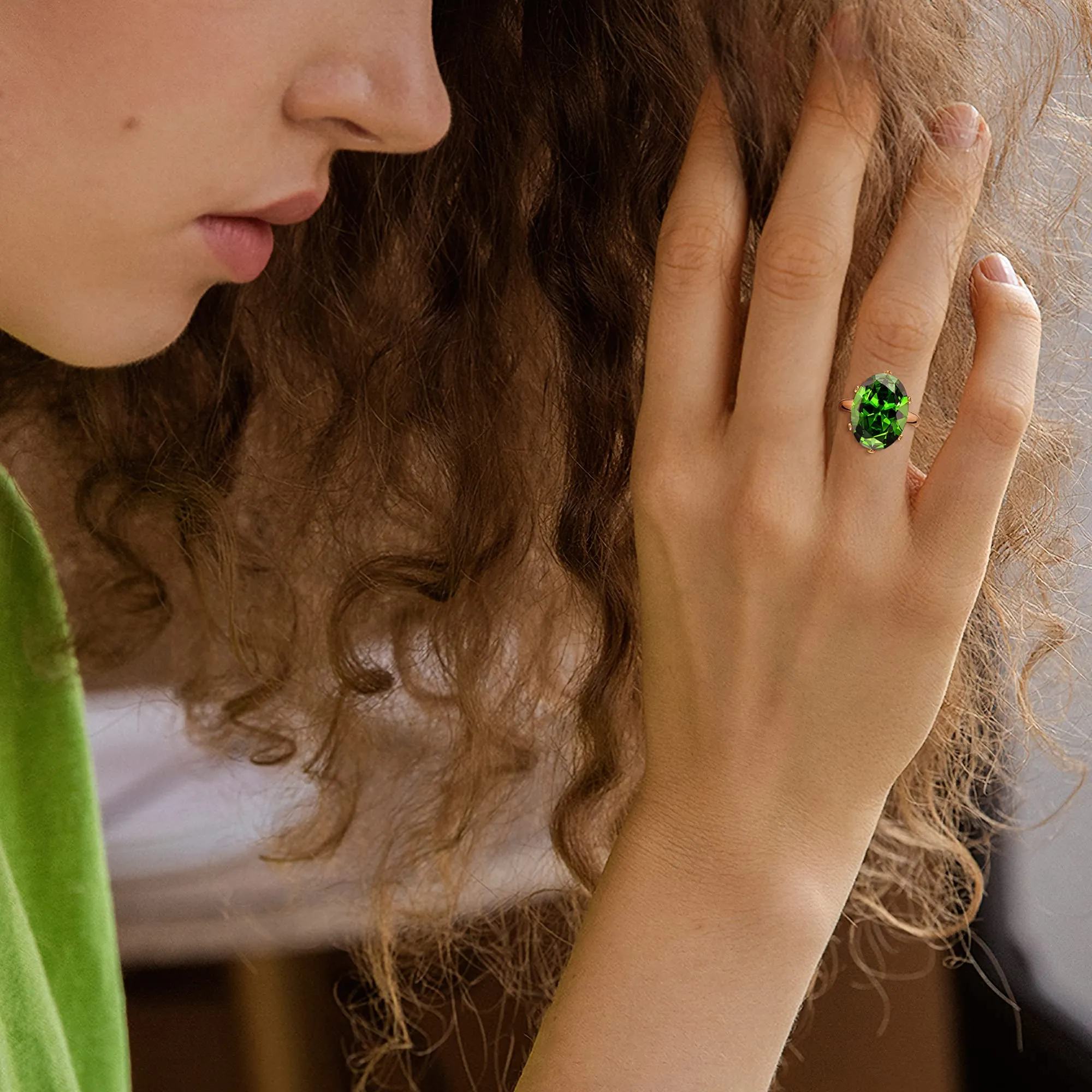 Linawe Anello da donna in oro rosa con smeraldo verde e moissanite regolabile - immagine 3