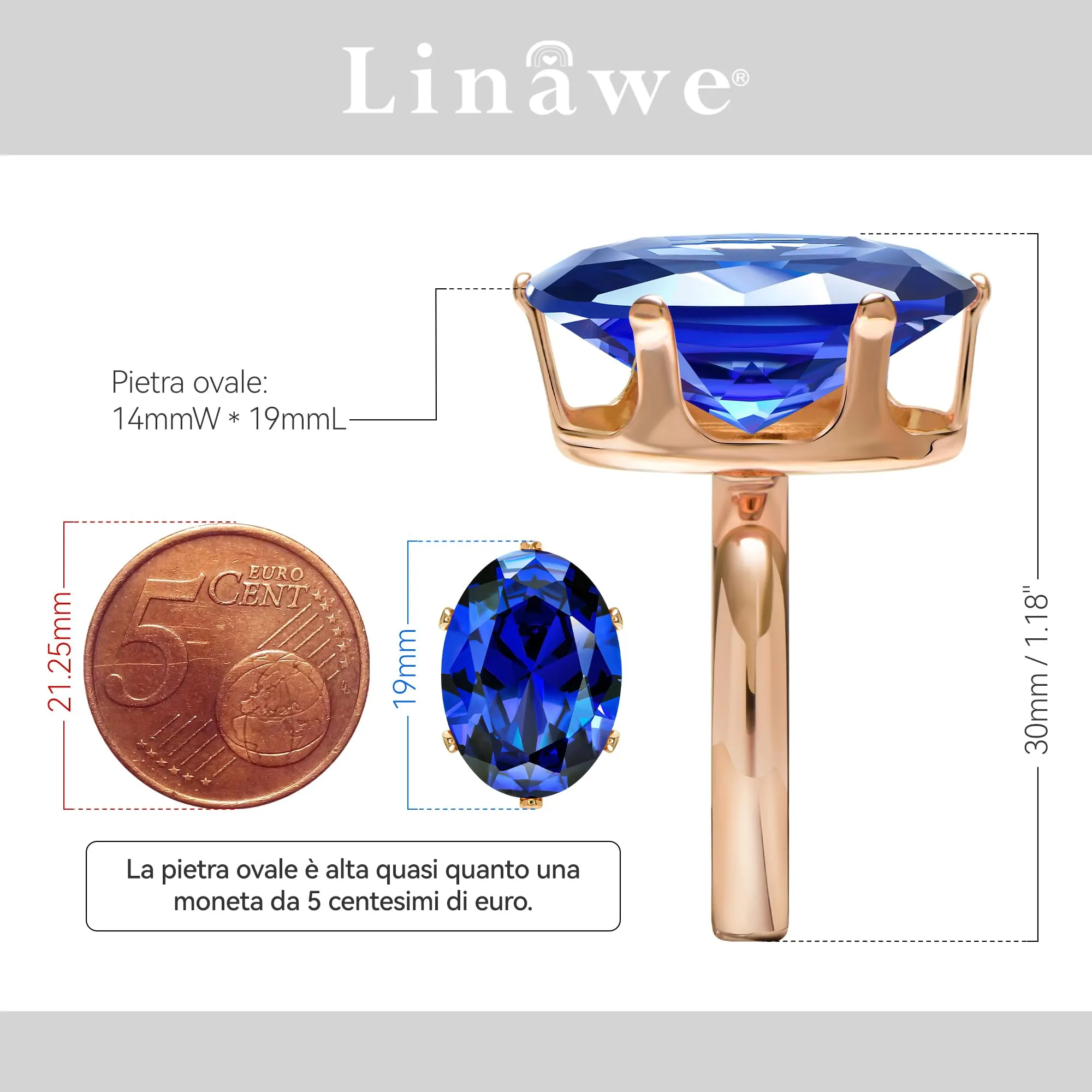 Linawe Anello da donna in moissanite blu zaffiro placcato oro rosa regolabile - immagine 2