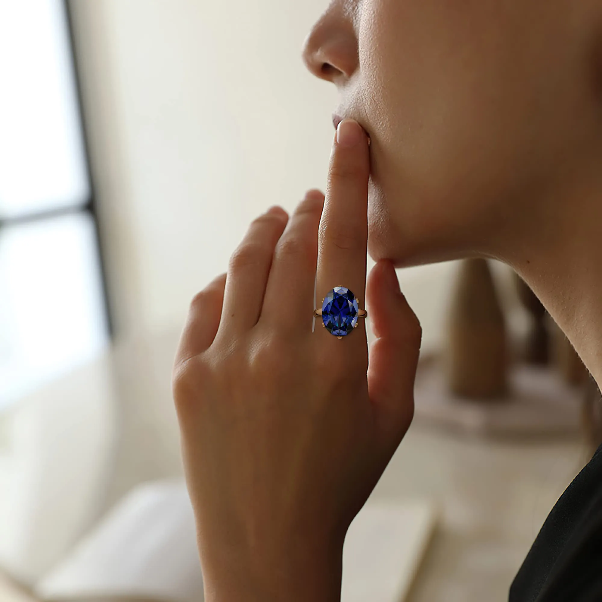 Linawe Anello da donna in moissanite blu zaffiro placcato oro rosa regolabile - immagine 3