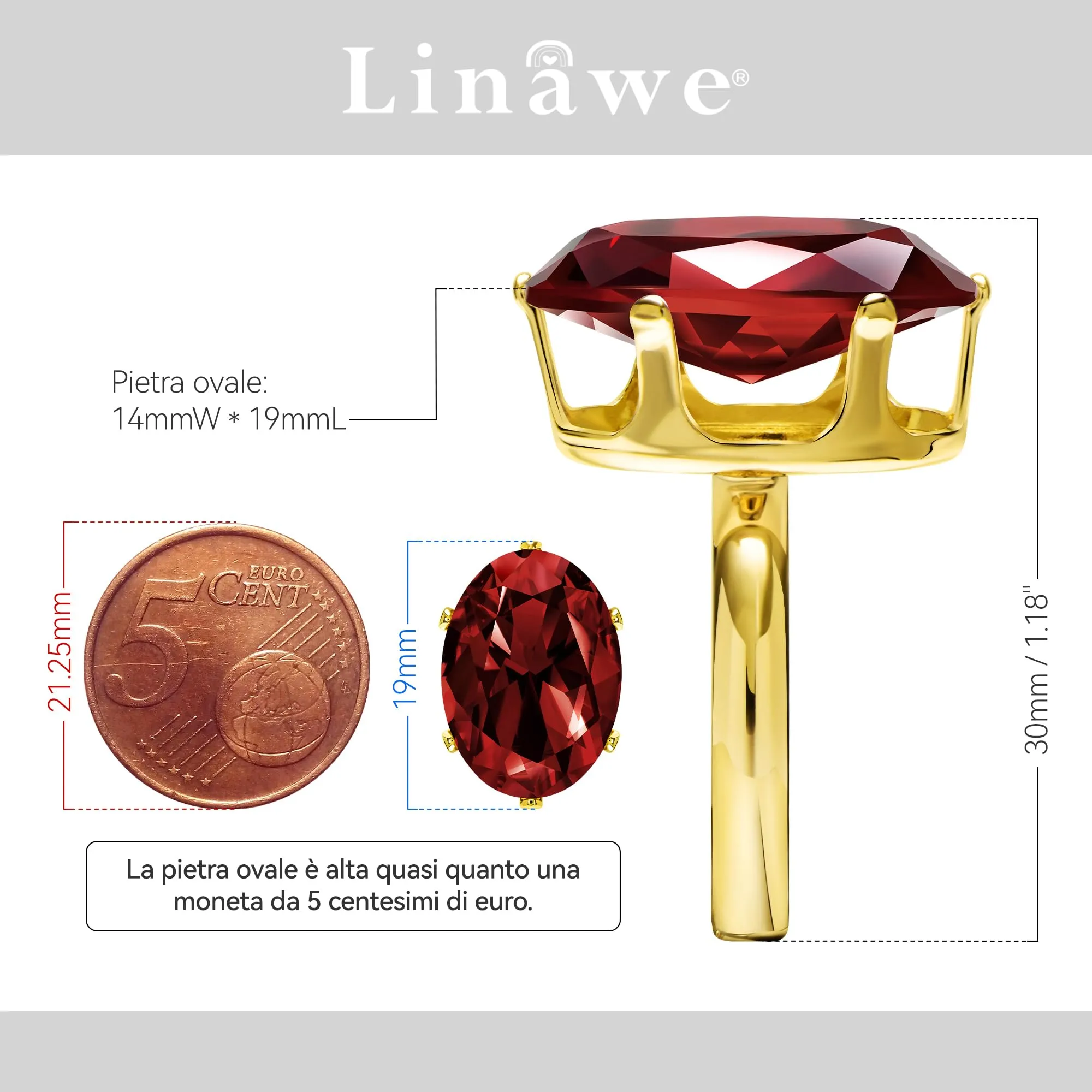 Linawe Anello in Oro per Donna con Granato Rosso e Moissanite Regolabile - immagine 2