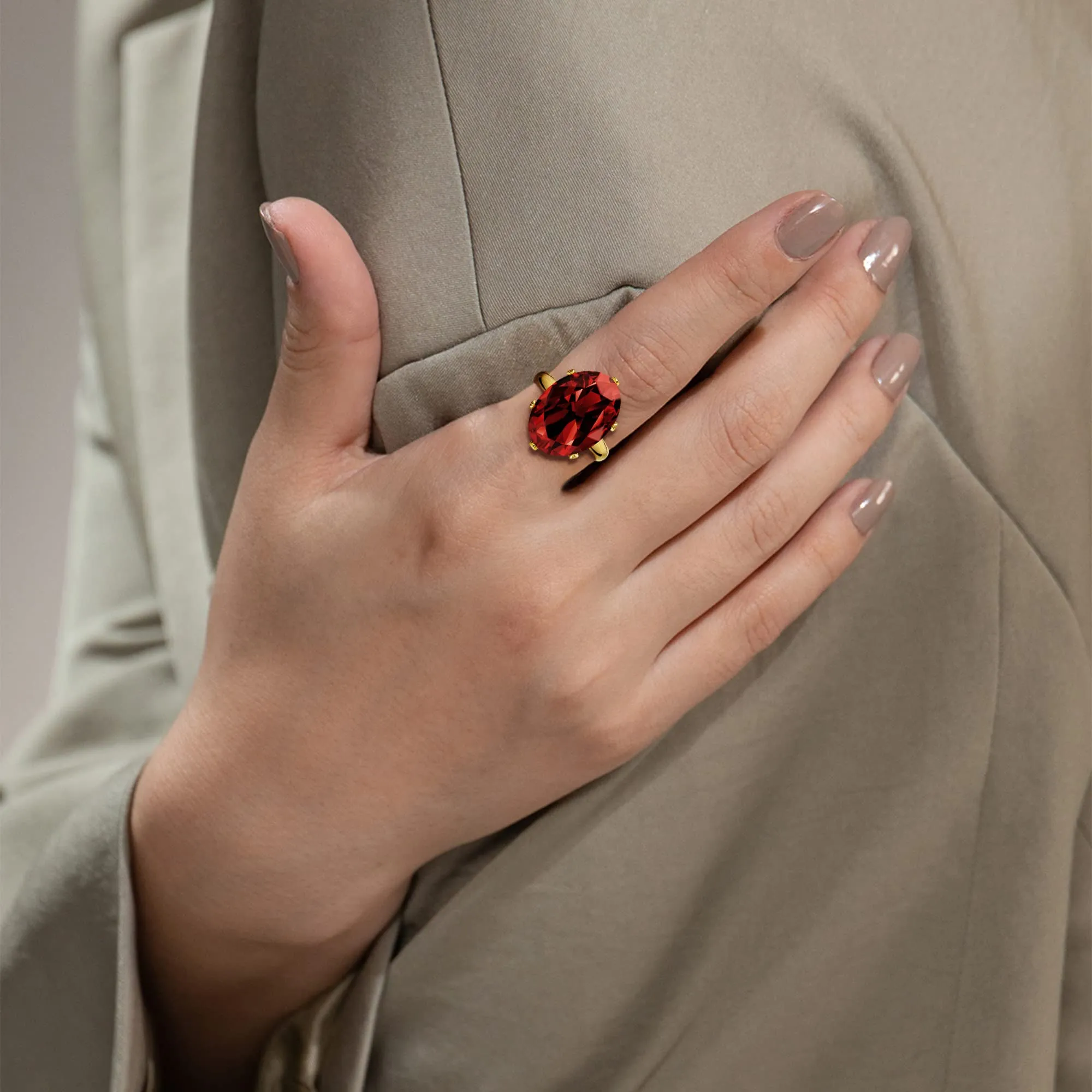 Linawe Anello in Oro per Donna con Granato Rosso e Moissanite Regolabile - immagine 3
