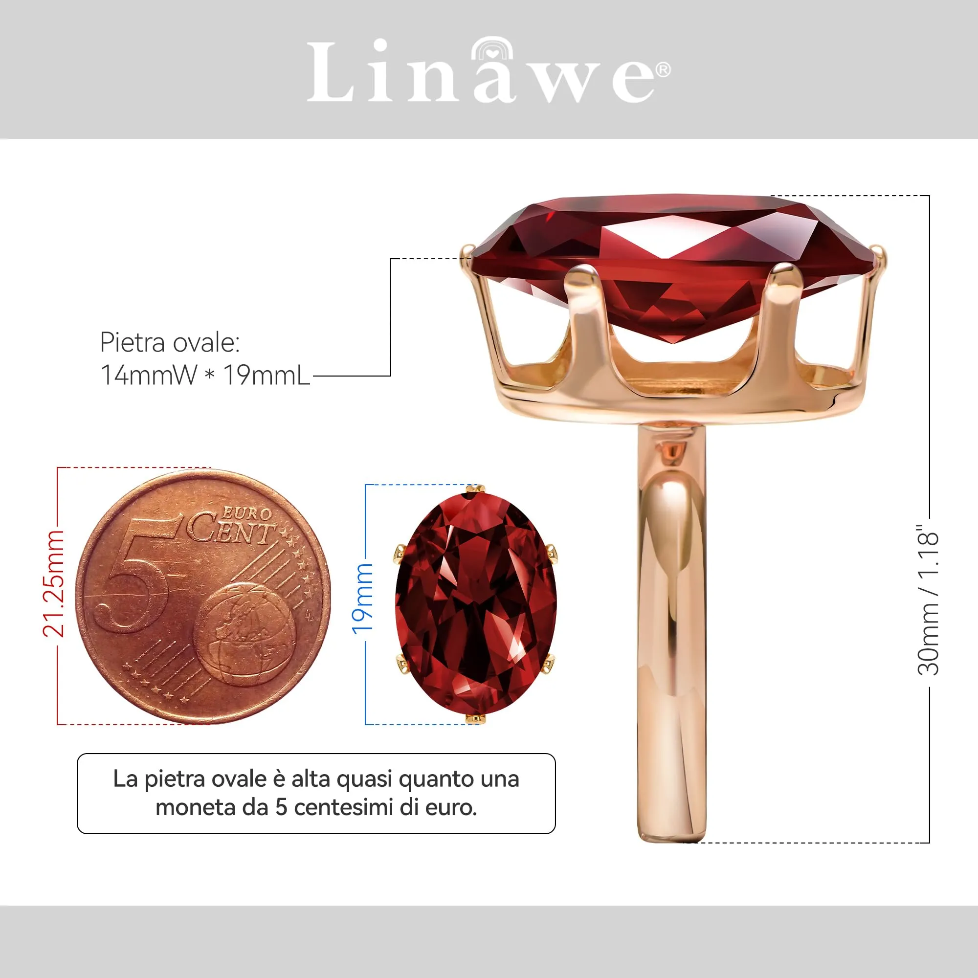 Linawe Anello regolabile in oro rosa con granato rosso e moissanite per donna - immagine 2