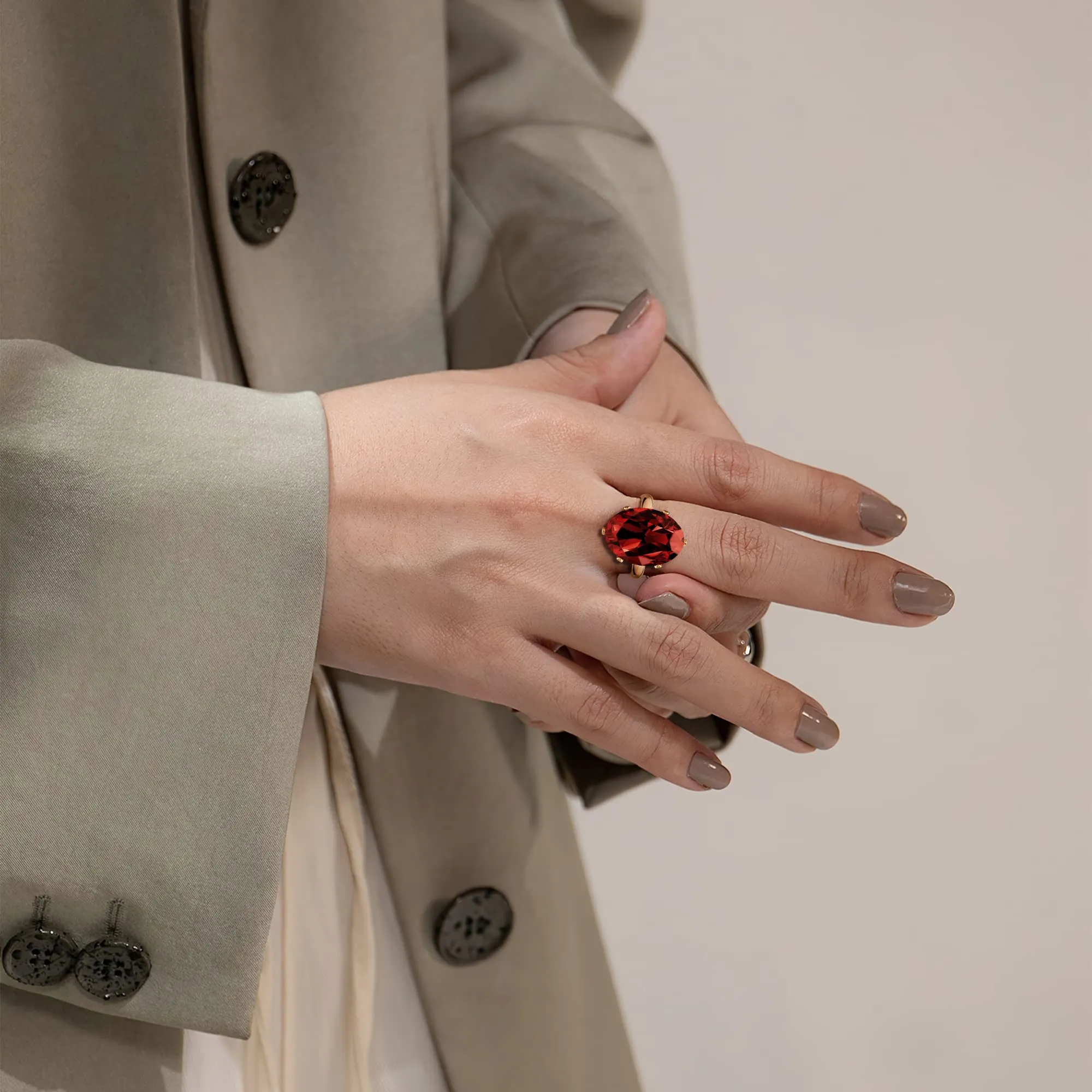 Linawe Anello regolabile in oro rosa con granato rosso e moissanite per donna - immagine 4