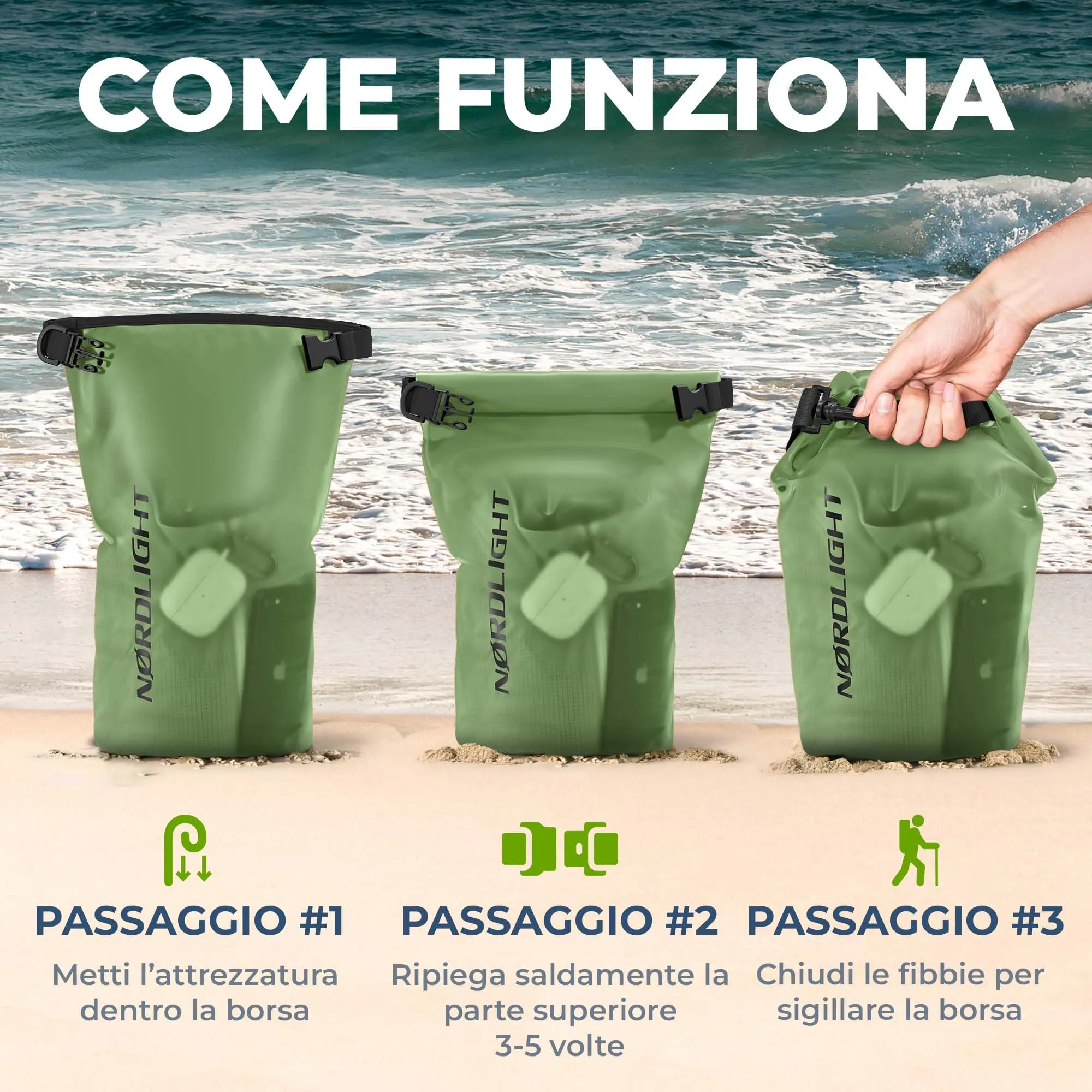 Nordlight Dry Bag Sacca Impermeabile 15L, Verde Scuro - immagine 7