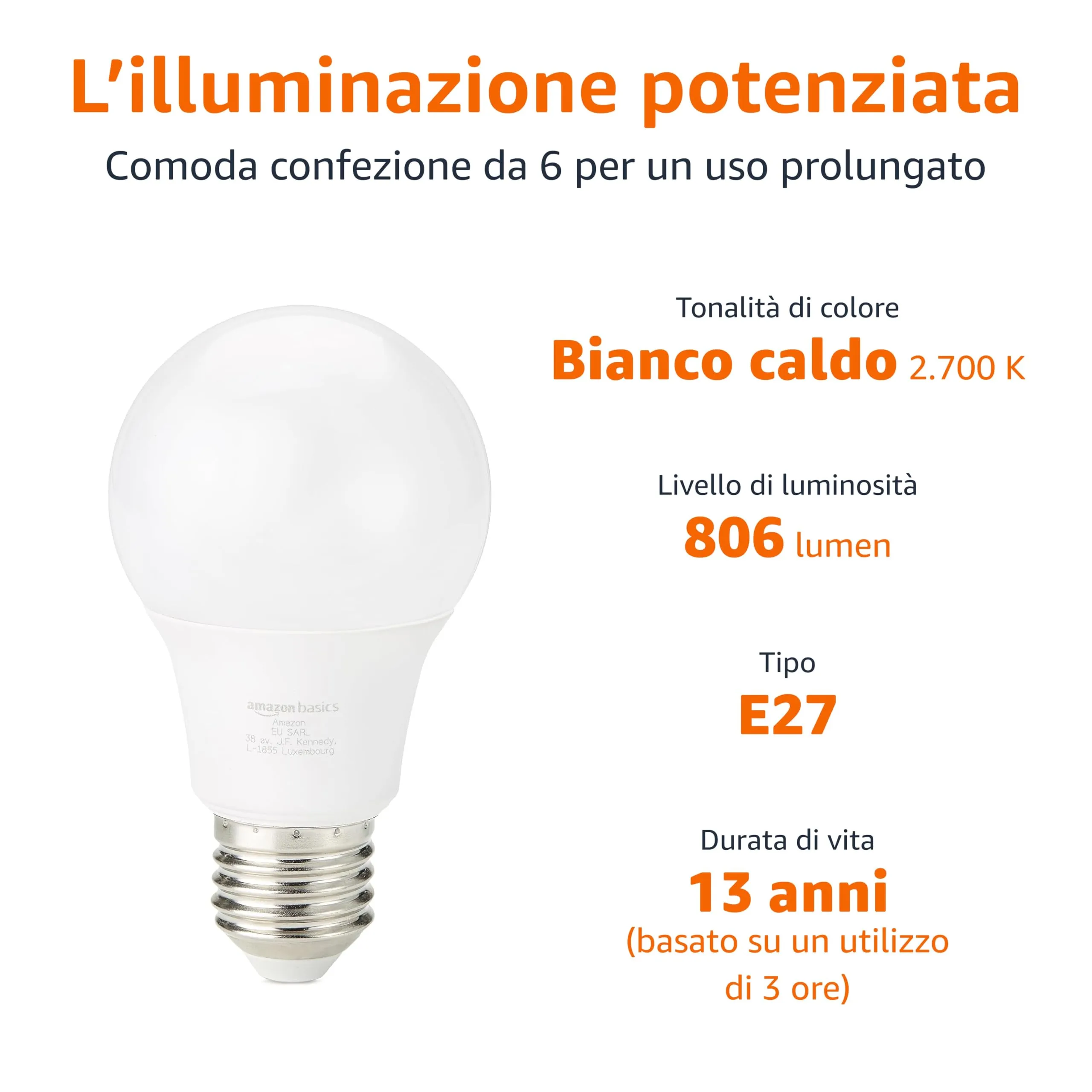 Amazon Basics Lampadine LED Edison E27, 8W (60W), Bianco Caldo, Non Dimmerabili, Confezione da 6 pezzi - immagine 2