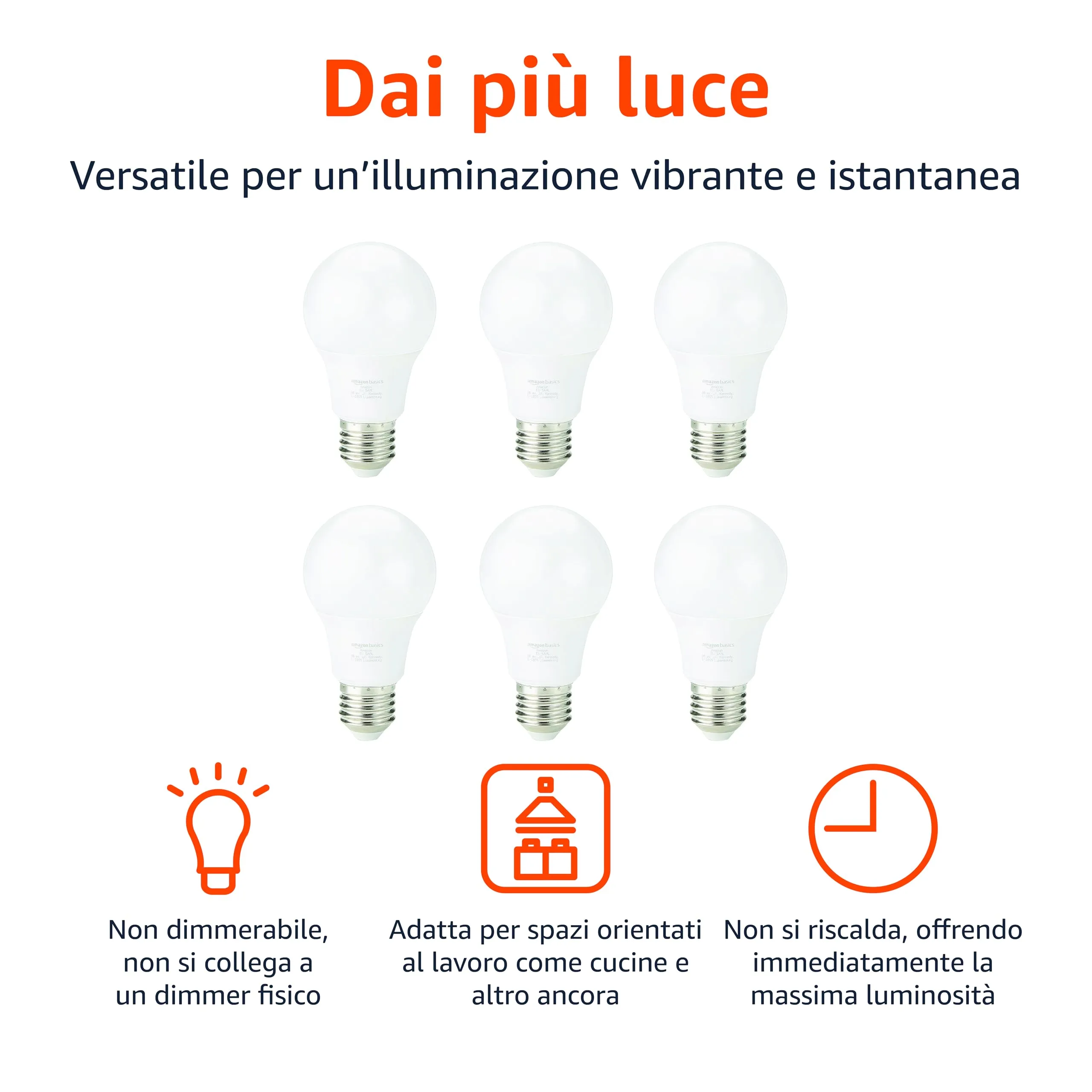 Amazon Basics Lampadine LED Edison E27, 8W (60W), Bianco Caldo, Non Dimmerabili, Confezione da 6 pezzi - immagine 3