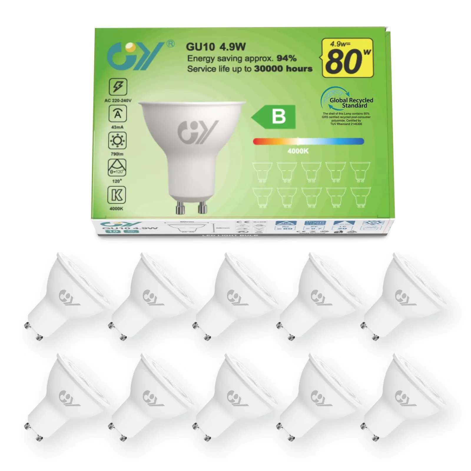 GY Lampadine LED GU10, 4.9W, 790 Lumen, 4000K Bianco Neutro, Non Dimmerabile, 10 pezzi - immagine 1