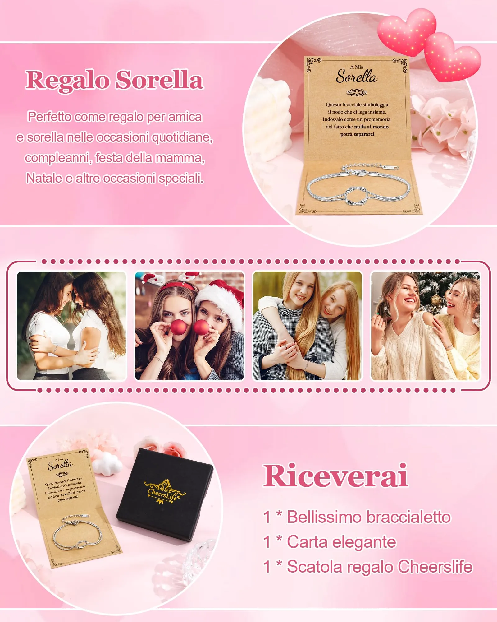 Cheerslife Braccialetto Nodo d'Amore Infinito per Sorella con Confezione Regalo e Biglietto - immagine 6